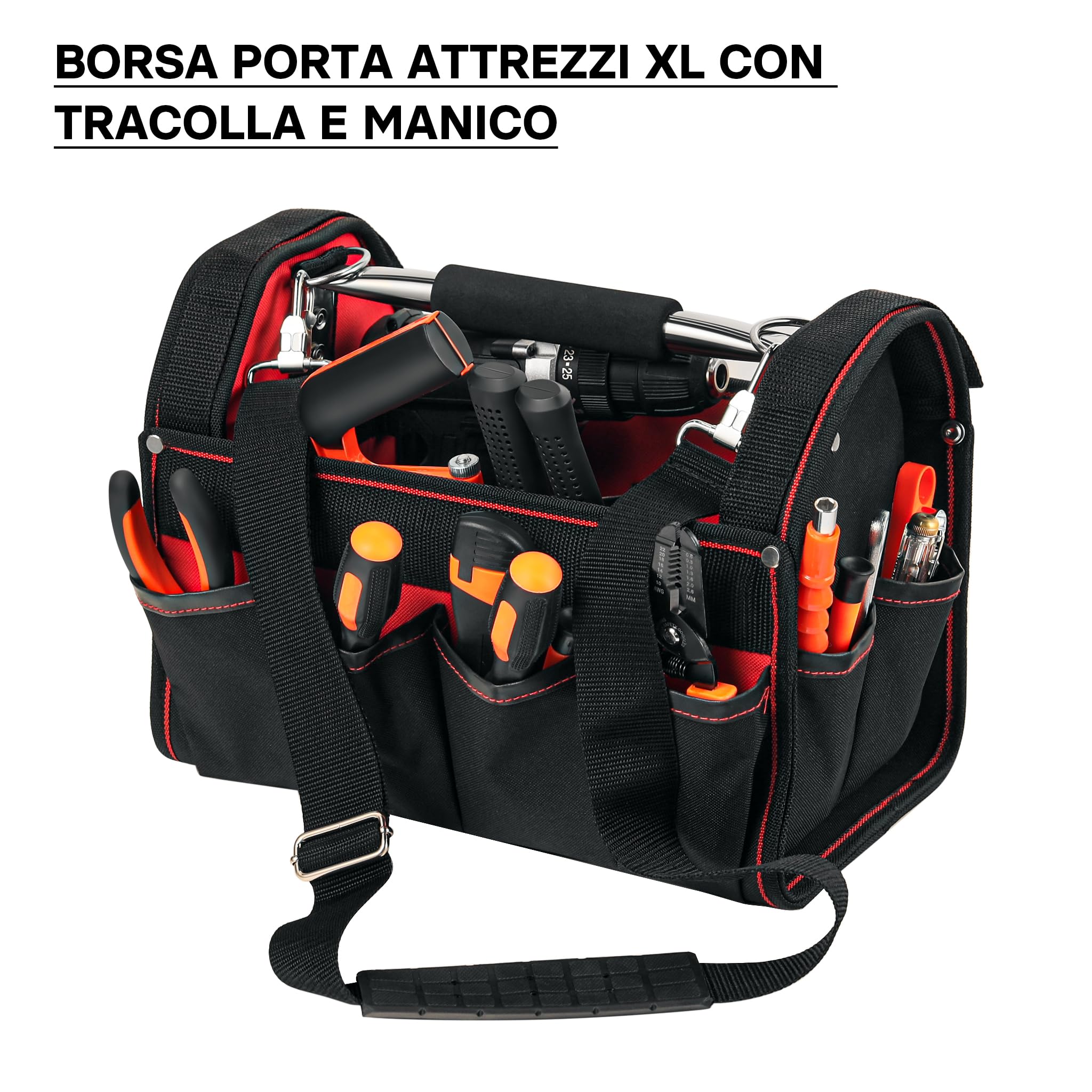 Borsa portautensili XL con scomparti interni ed esterni tracolla regolabile e maniglia di trasporto