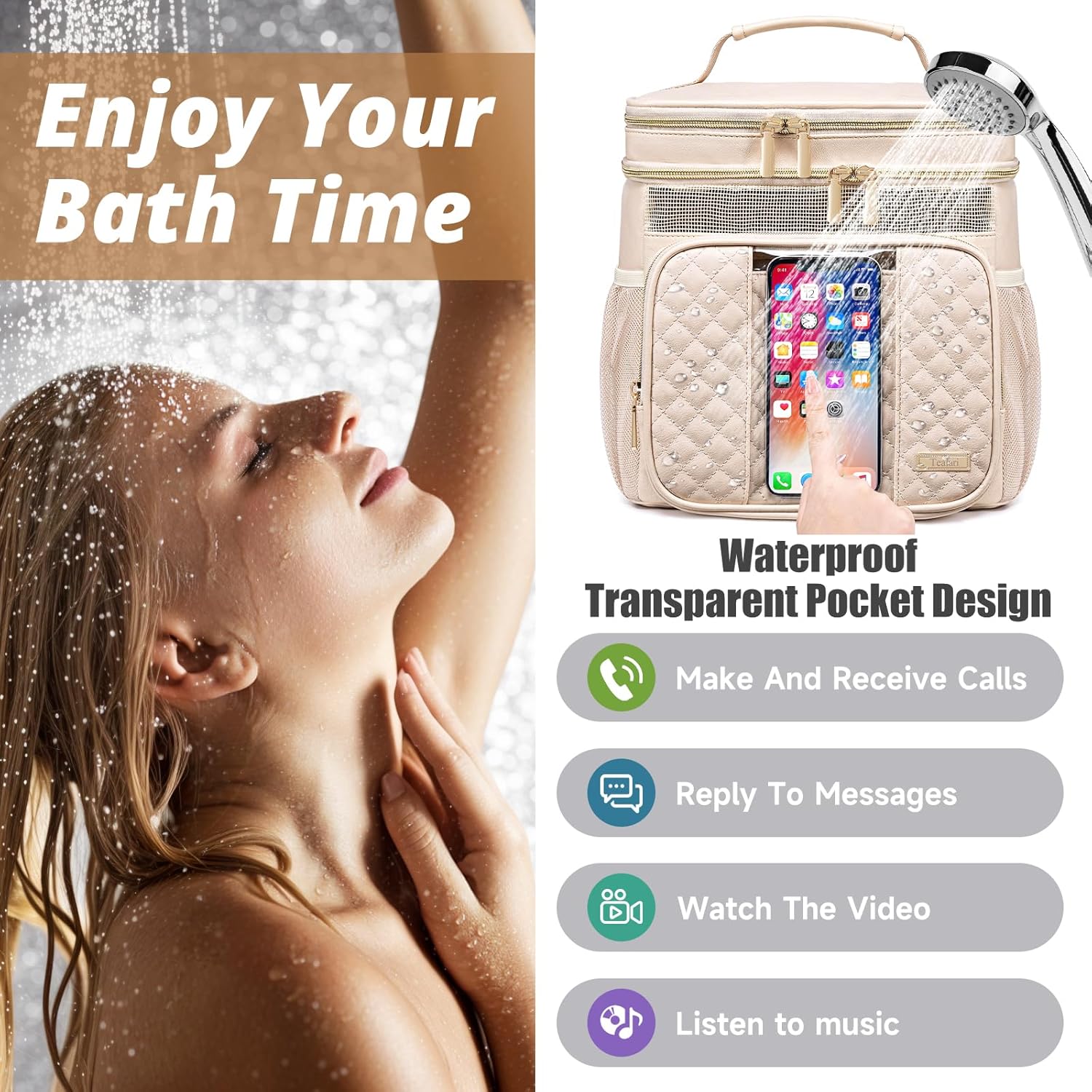 Large Leather Toiletry Bag for Women Men,Bathroom Bag,Water Resistant Shower Bag,Makeup Bag,Portable Shower Caddy for College Dorm,Hanging Travel Toiletry Bag with Transparent Waterproof Phone Pocket - Image 3