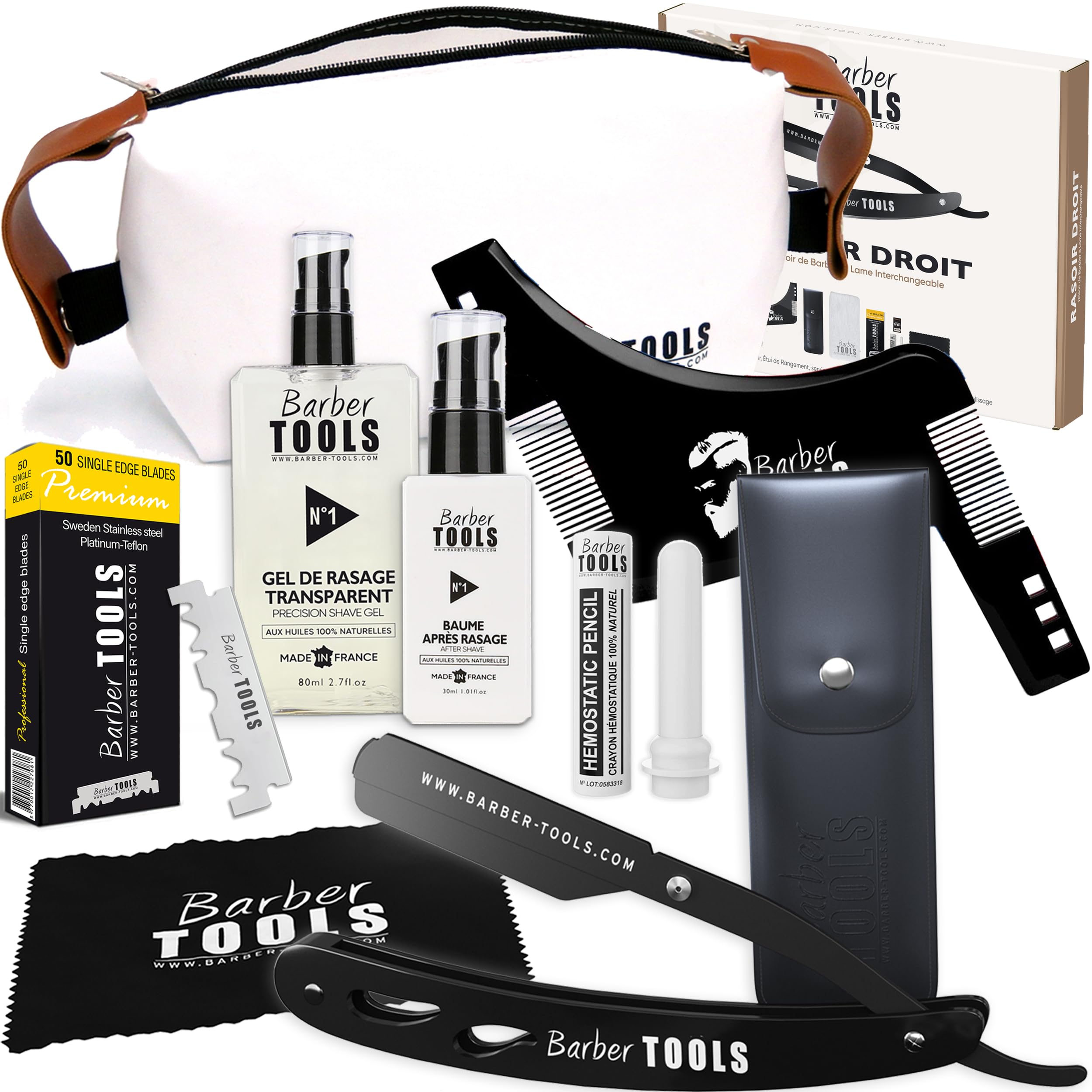 Kit de afeitadora de barba para hombre/navaja de afeitar de barba - con 50 cuchillas + peine guía + gel de afeitar transparente de 80 ml + aftershave de 30 ml + alumbre en barra + bolsa grande