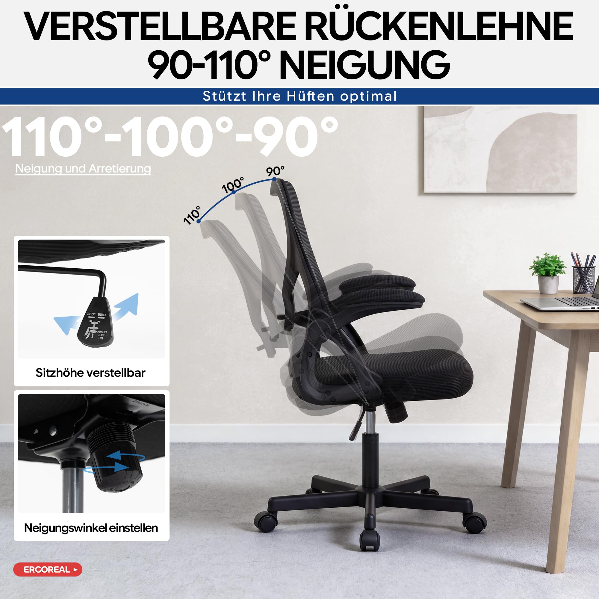 Bürostuhl ergonomisch – Schreibtischstuhl Netz, Lendenstütze 150kg | Klappbare Armlehnen, verstellbare Lendenstütze, 90-110° Rückenlehne, höhenverstellbar, leise Rollen, Homeoffice & Büro