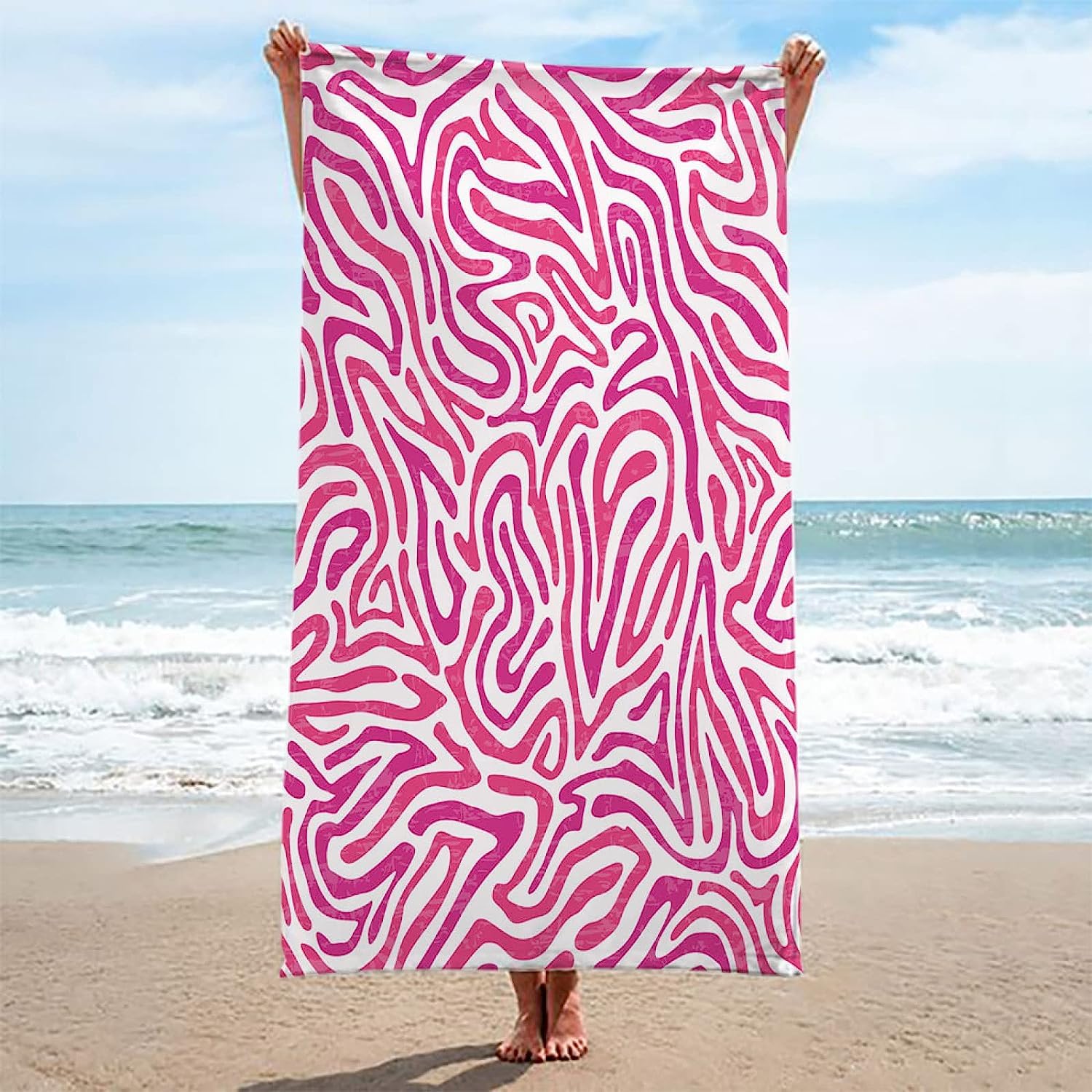 Serviette de Plage 200x200 Femme Homme Enfant, Drap de Plage XXL Serviette Plage Anti Sable à Séchage Rapide Grande Serviette Plage Rayures Roses, pour Bain, Piscine, Camping Fille A41