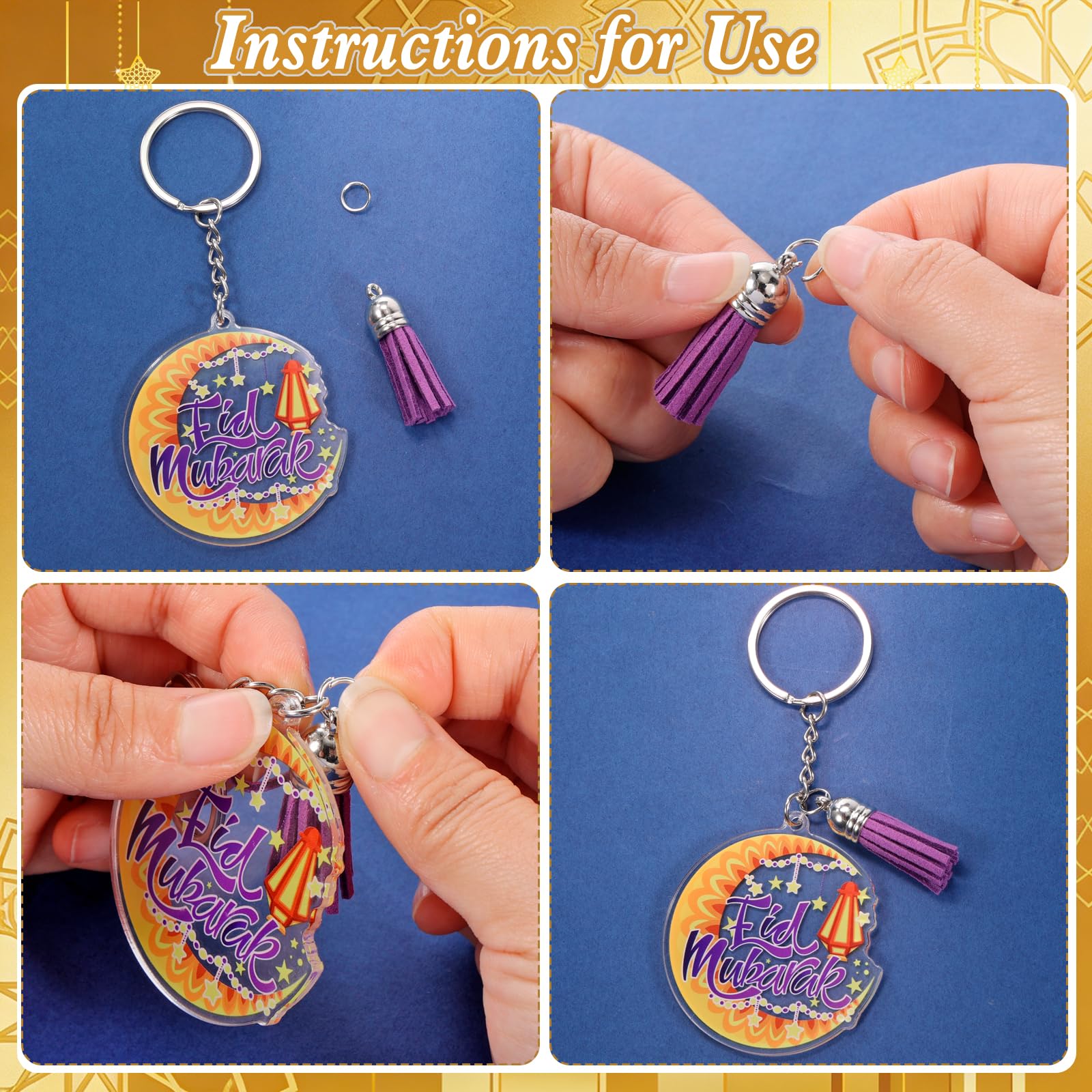 HOWAF 12pcs Eid Ramadan Keychains Set, Eid Mubarak Acrylic Keychain Making Kits with Rings and Tassels, Ramadan Mubarak DIY Craft Keyring for Muslim Celebration Gift Set