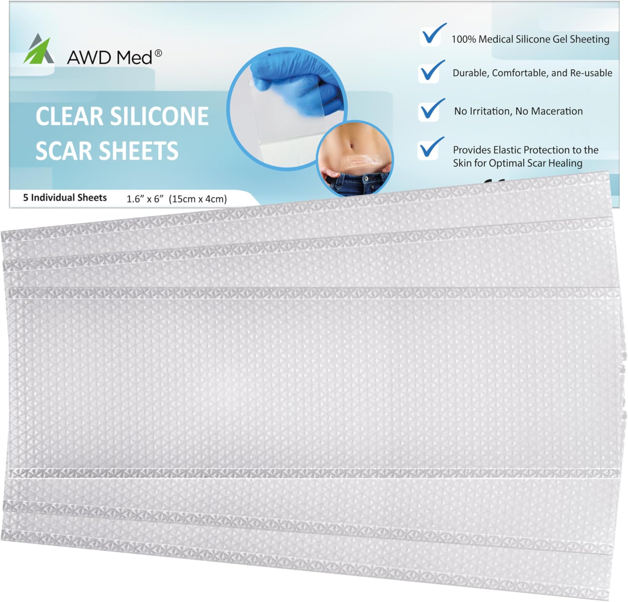 - AWD Silicone Scar Sheets for Scar Removal - Extra Thick 0.5mm Silicone Scar Tape for Surgical Scars, C Section, Keloid - Silicone Skin Patches Extra Thick 0.5mm Longer Use (5 Pcs, 1.6” x 6”), Clear