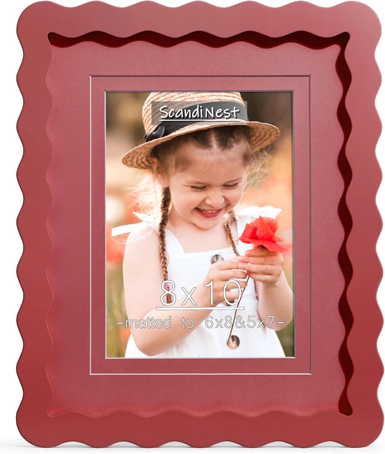 Scalloped 8x10 Picture Frame, Real Glass Wood Frame with Reversible Mat for 5x7/6x8 Prints, Wavy Edge for Wall or Tabletop, Decorative Photo Frame, Red