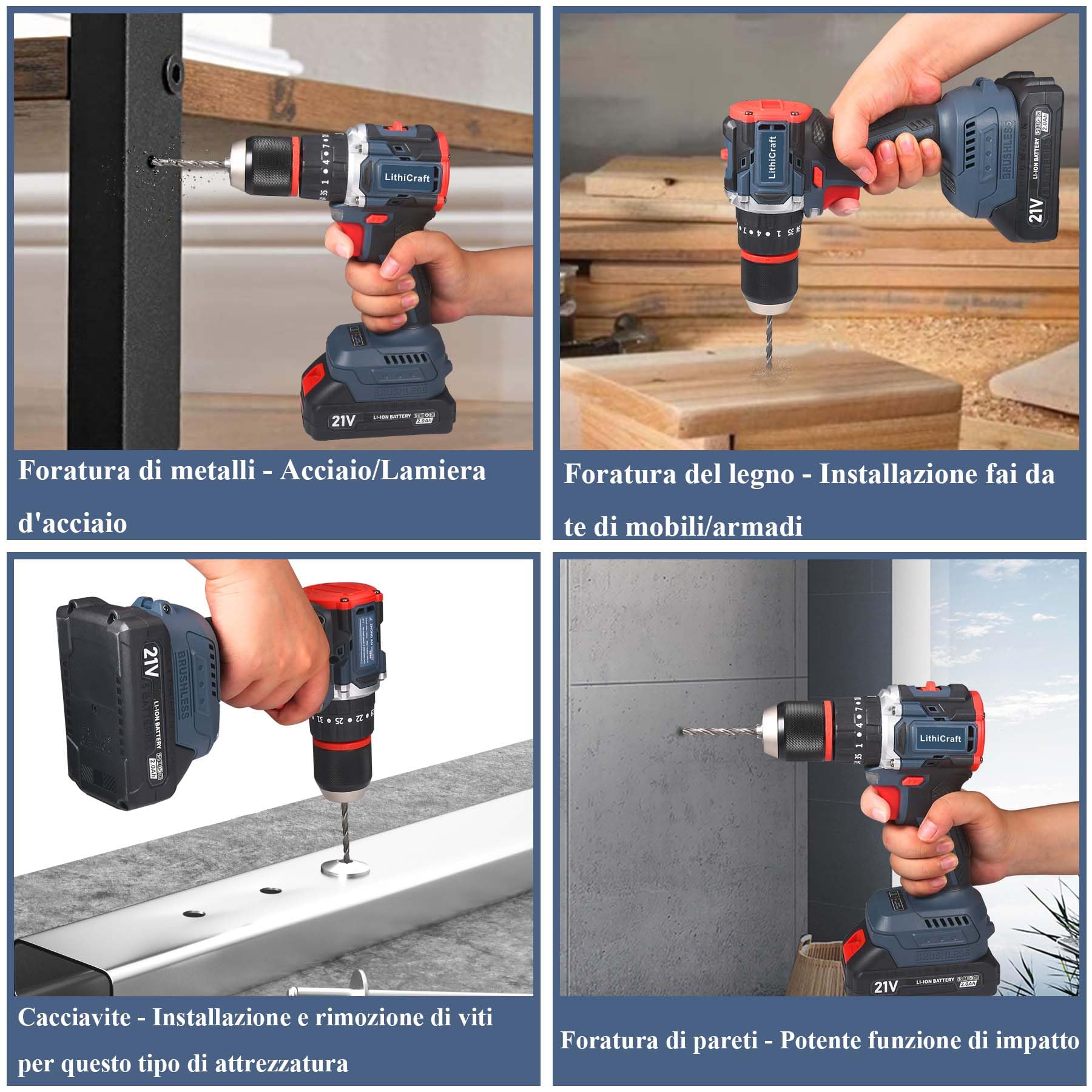 Trapano Avvitatore a Percussione Batteria 21V Motore Brushless, 55Nm, Mandrino in Metallo 13mm, 2 Batterie 2.0Ah, 35+3 Posizioni di Coppia, con Valigetta & 24 Accessori Professionali