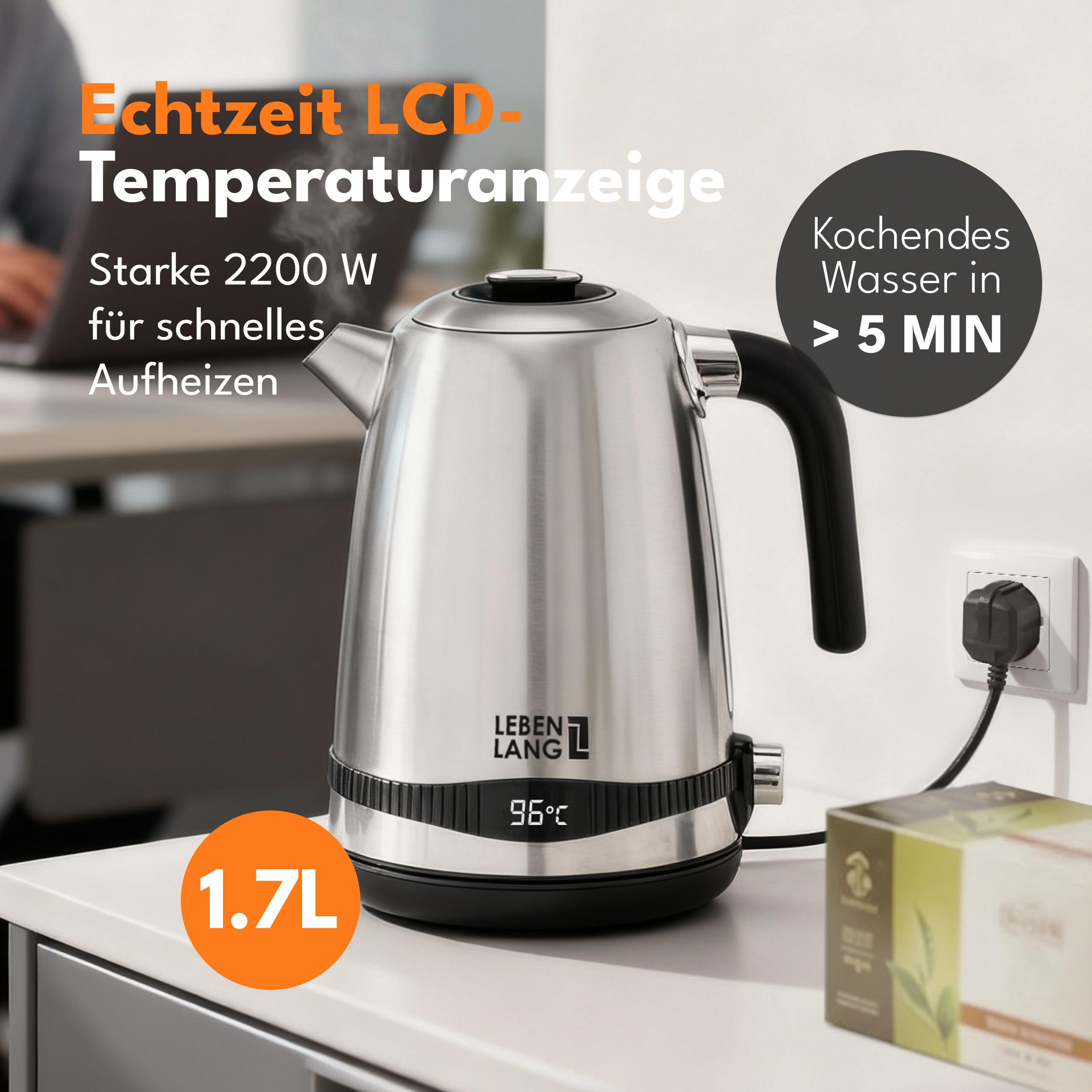 LEBENLANG Wasserkocher Edelstahl Temperatureinstellung – Leise, Temperaturanzeige & Warmhaltefunktion - 1,7 Liter & 2200W | Electric Kettle | Temperatur Edelstahl Wasserkocher Retro ohne Plastik