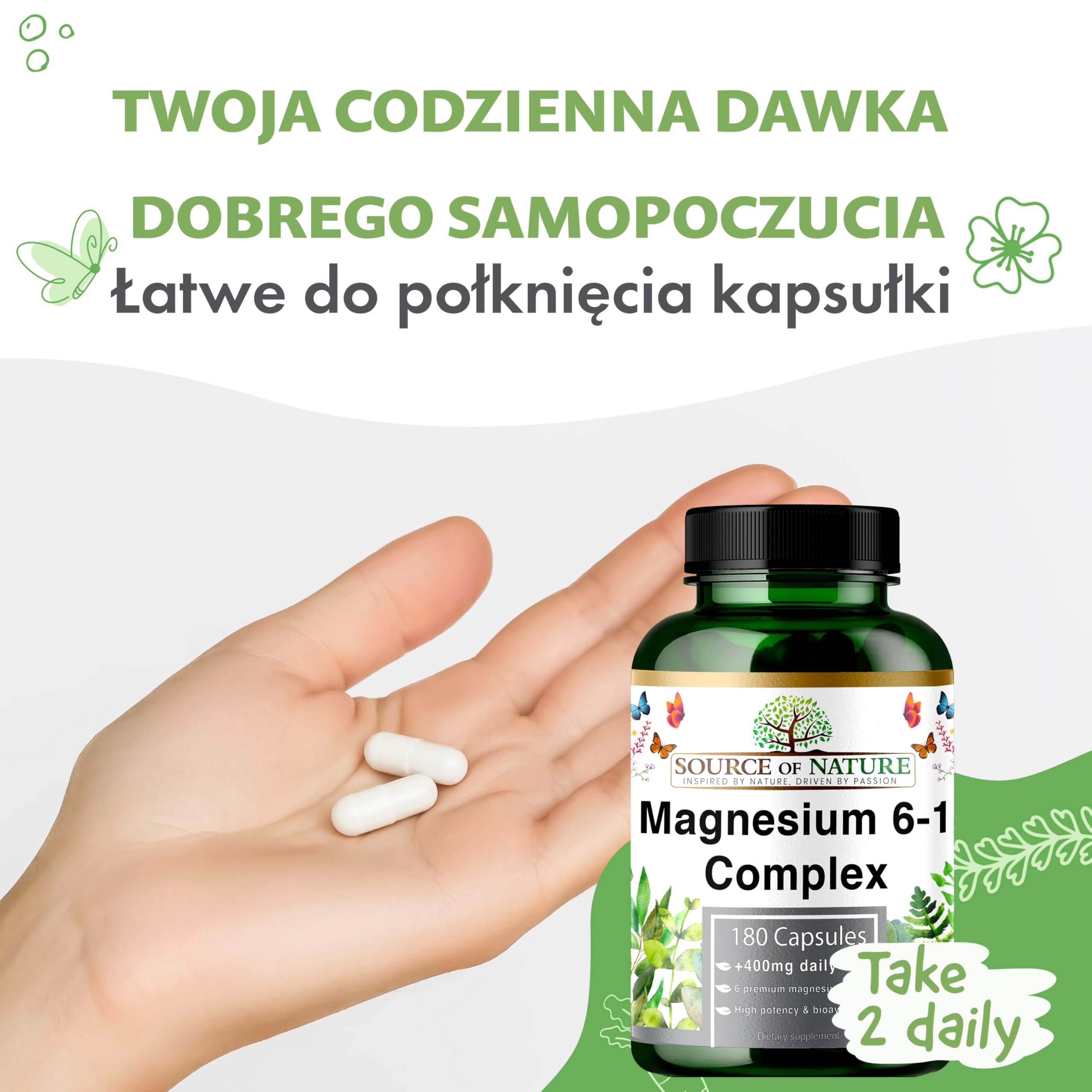 Magnez Kompleks 6-1 1500 mg Dziennie | 400 mg Magnezu Elementarnego | Tlenek, Bisglicynian, Jabłczan, Taurynian, Cytrynian & Asparaginian | 180 Kapsułek Wegańskich | Wysoka Dawka & Biodostępność