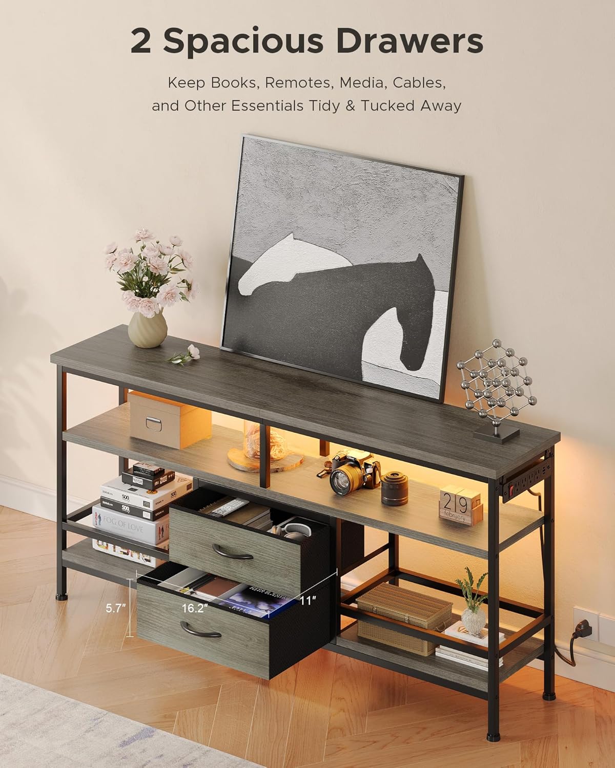 55 Inch TV Stand, Entertainment Center for 43 to 65 Inch TVs with LED Lights & Removable Charging Station, Modern Media Console Table with Open Storage Shelves & Fabric Drawers, Grey