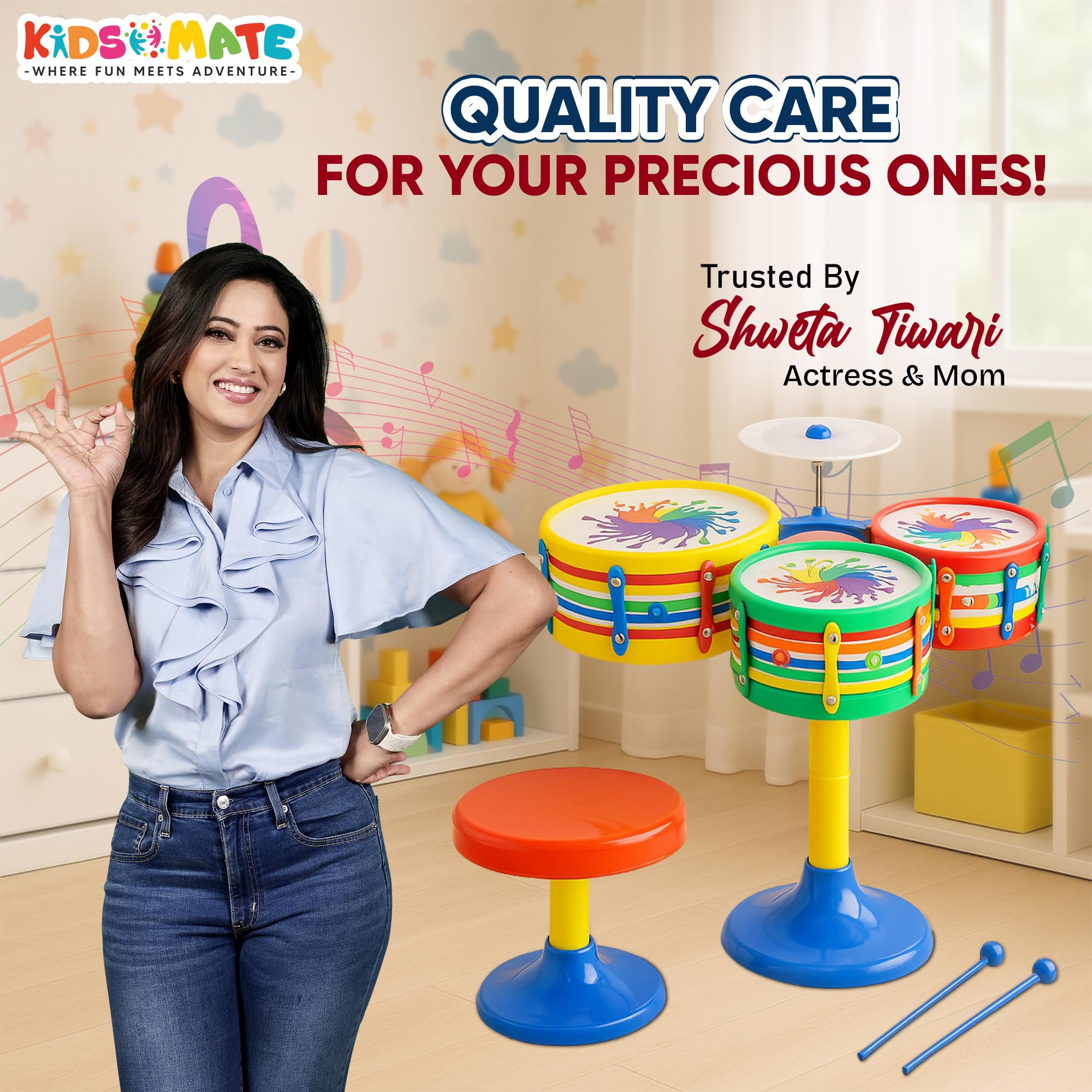 Kidsmate Lil’ Beats Drum Set for Kids | Musical Toy Set with 3 Drums, 1 Cymbal, Drumsticks & Stool | Durable Plastic Learning Toy Music Instrument for Boys & Girls for 3 Years & Above - Multicolor - Image 2 thumbnail