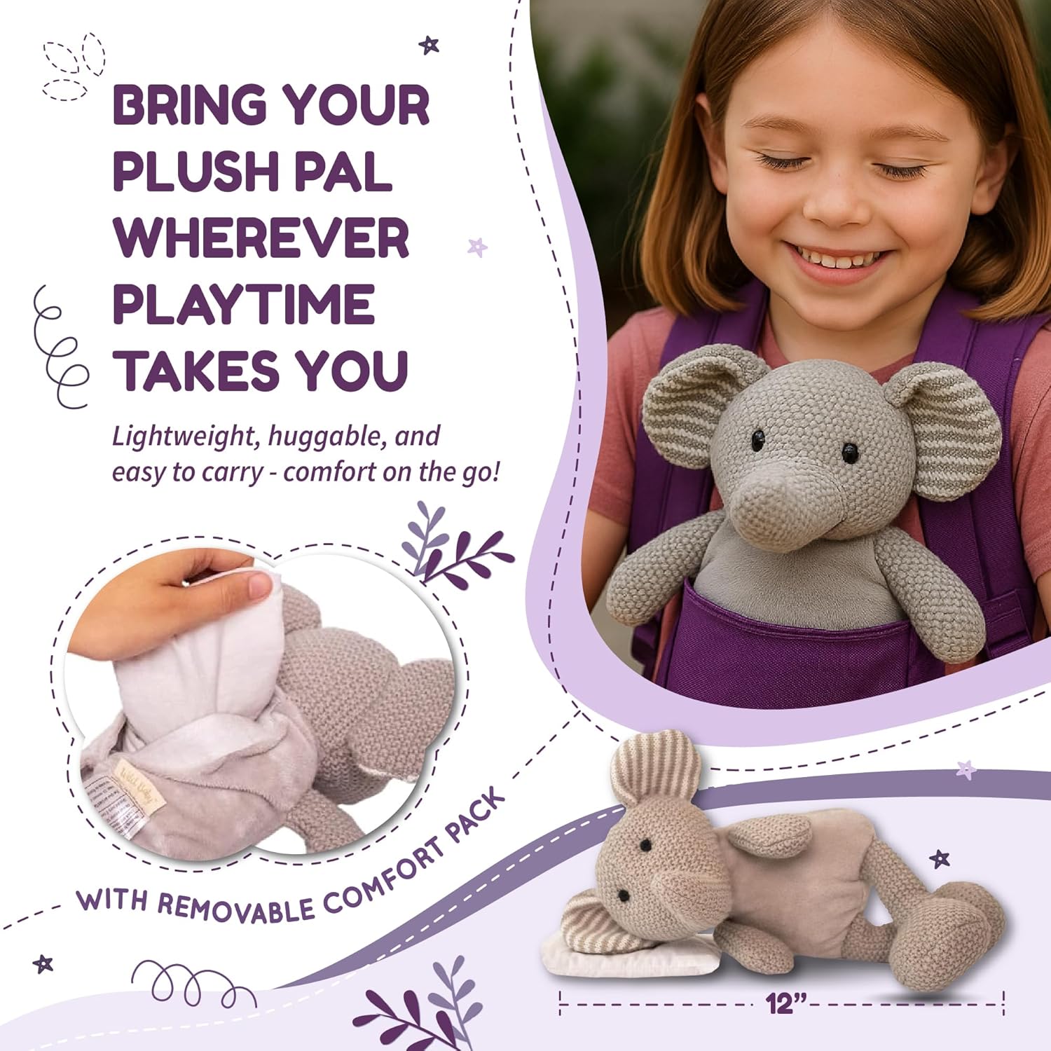 WILD BABY Microwavable & Weighted Plush Toy - Elephant Stuffed Animal for Comfort & Warmth - Soft, Heatable Plushie for Snuggles - Great for Kids, Toddlers & All Ages - Image 6