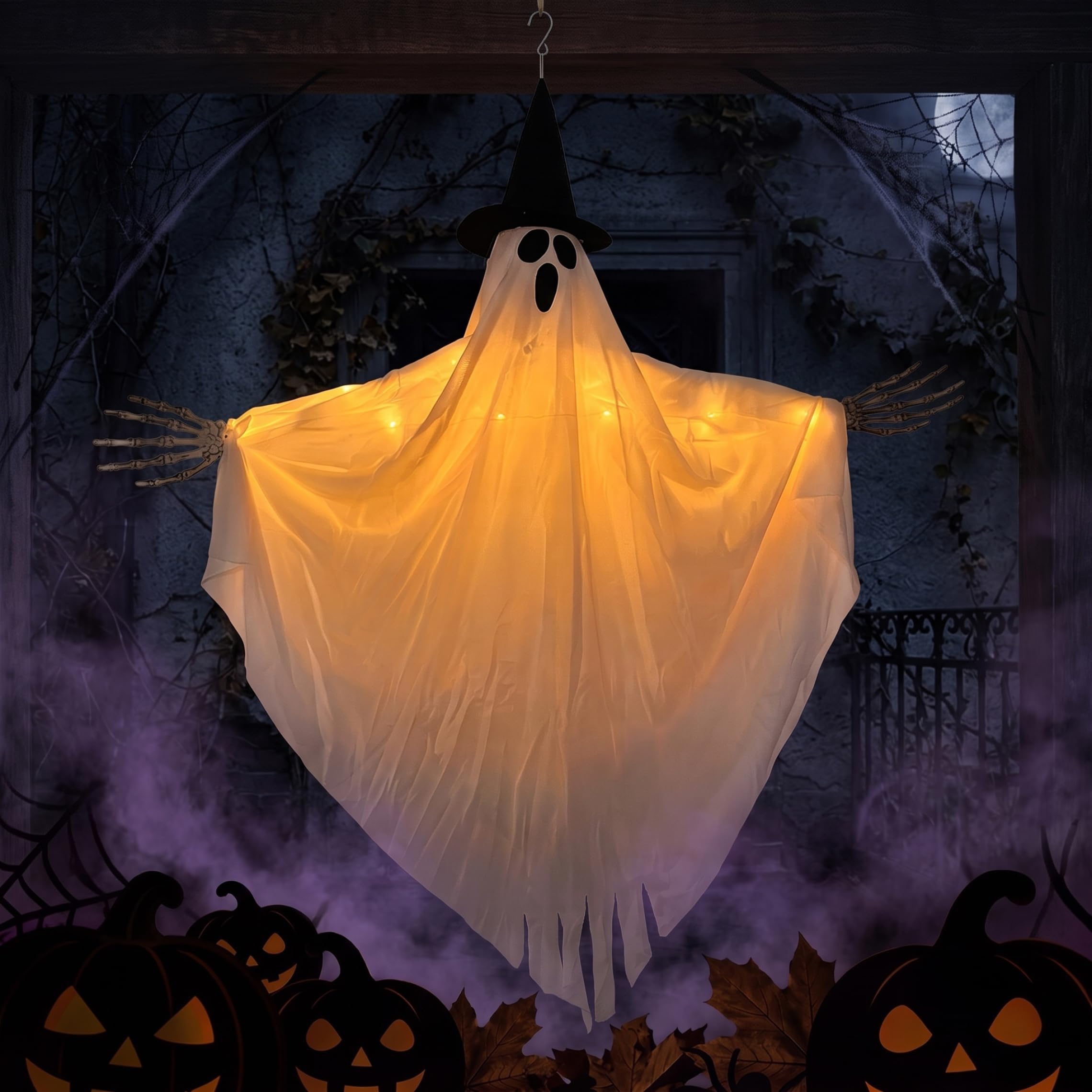 Swinging Ghost Outdoor Decor, Glowing Halloween Ghost Decorations With Witch Hat & Claw, White Cloth Hanging Ornament, Decor