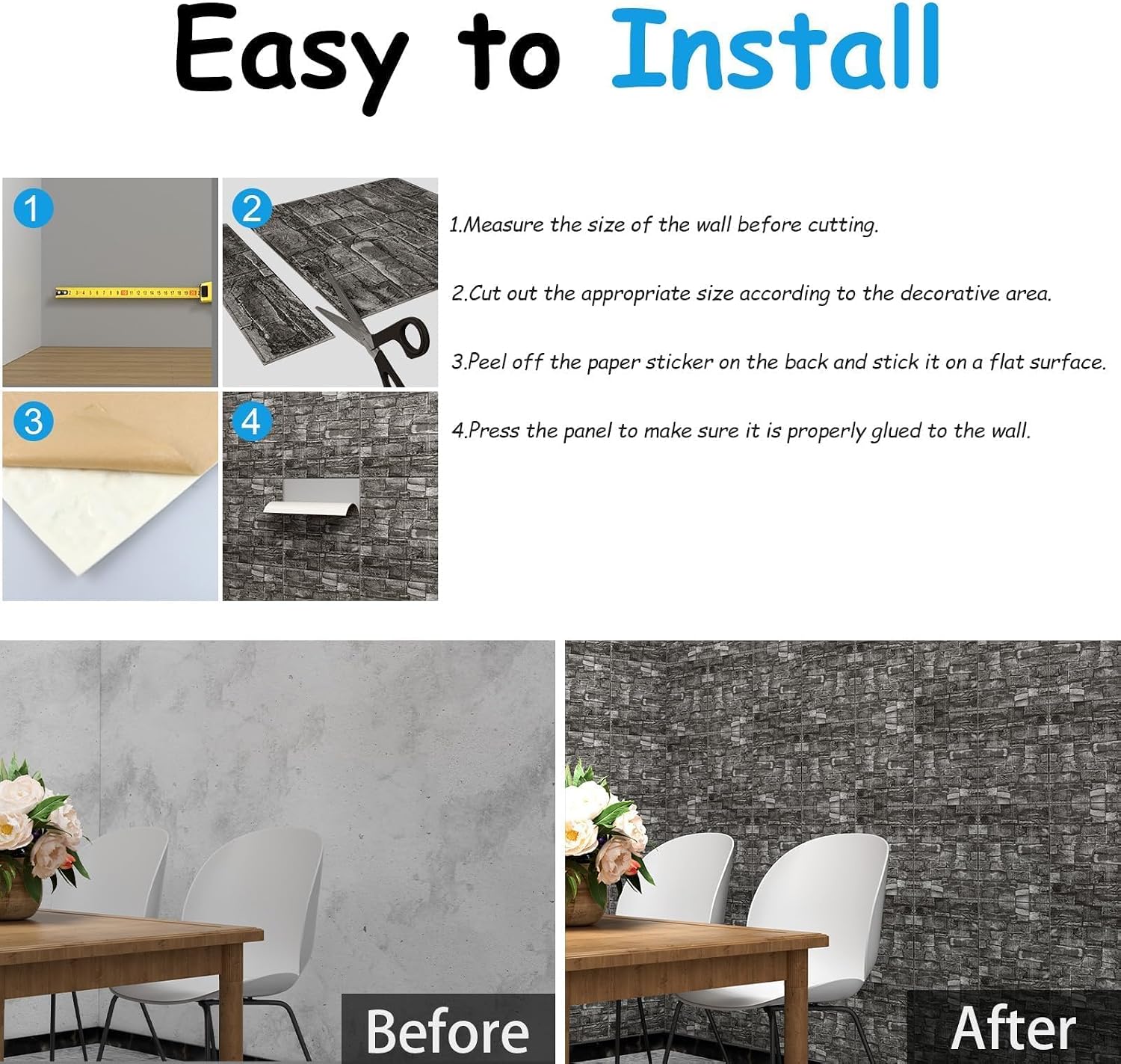 3D Wall Panels Peel and Stick in Black Grey Stone, 20 PCS XPE Foam 3D Wallpaper, Textured Faux Brick Wall Panels for Bedroom, Stairs, Kitchen
