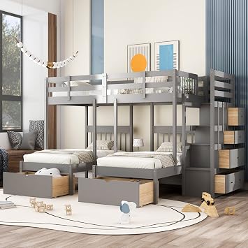Full Over Twin and Twin Bunk Beds, Wood Triple Bunk Bed with Storage Drawers, Guardrails and Ladder for 3, No Box Spring Needed Gray
