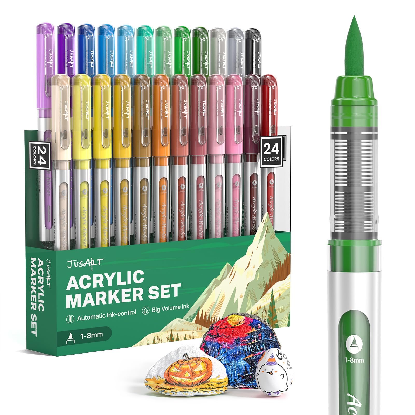 JusArt 24 Colours Acrylic Paint Markers Brush Tip, Water Based Paint Pens with Automatic Ink-Control, Waterproof 1-8mm Flexible Tip Acrylic Markers for Any Surface, Art Supplies for Adults Artist