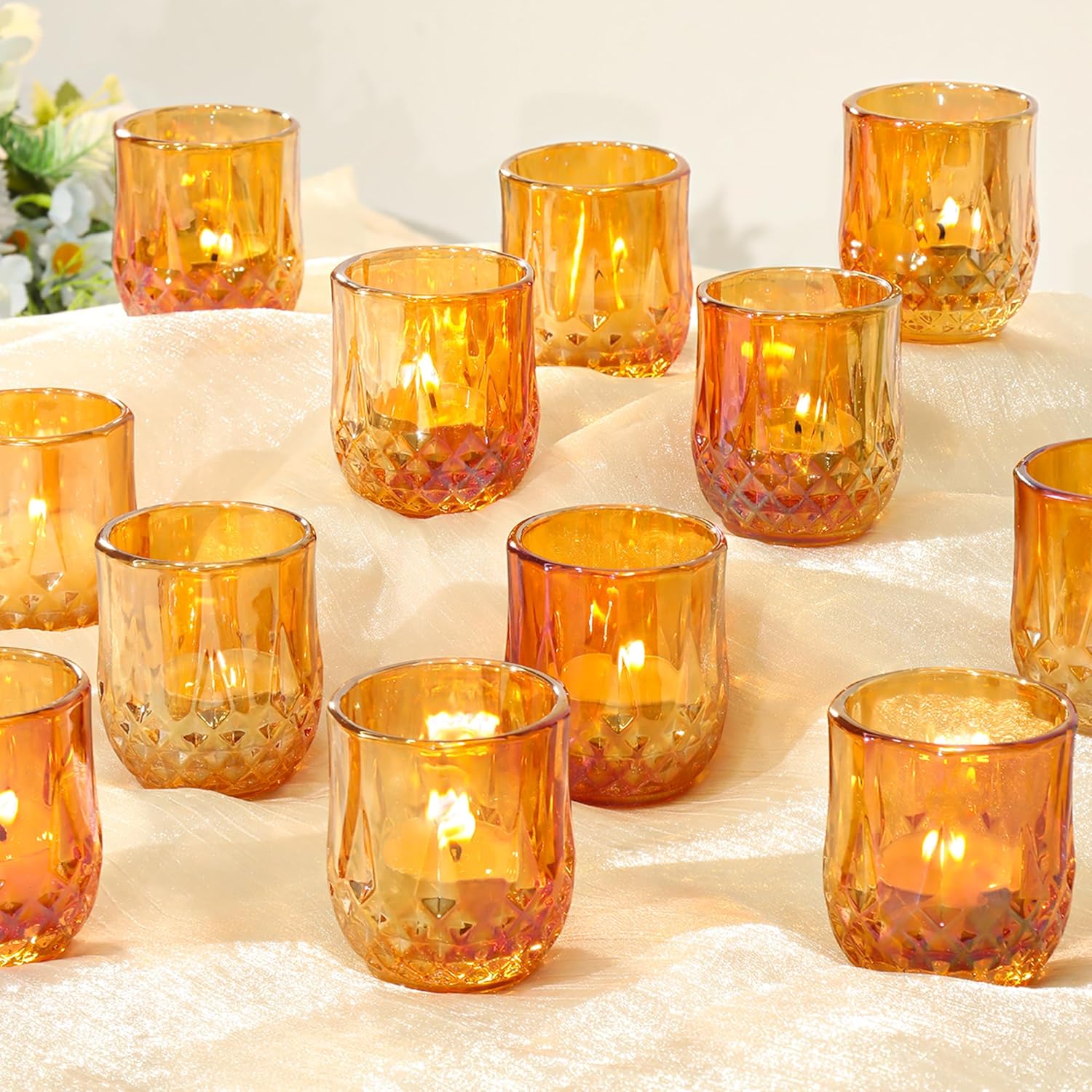12 Pcs Votive Candle Holders, Glass Tea Lights Candle Holder in Bulk for Table Centerpiece, Tealight Candle Holders, Elevate Valentine’s Day Romance, for Wedding Decor Home Decoration (Amber)