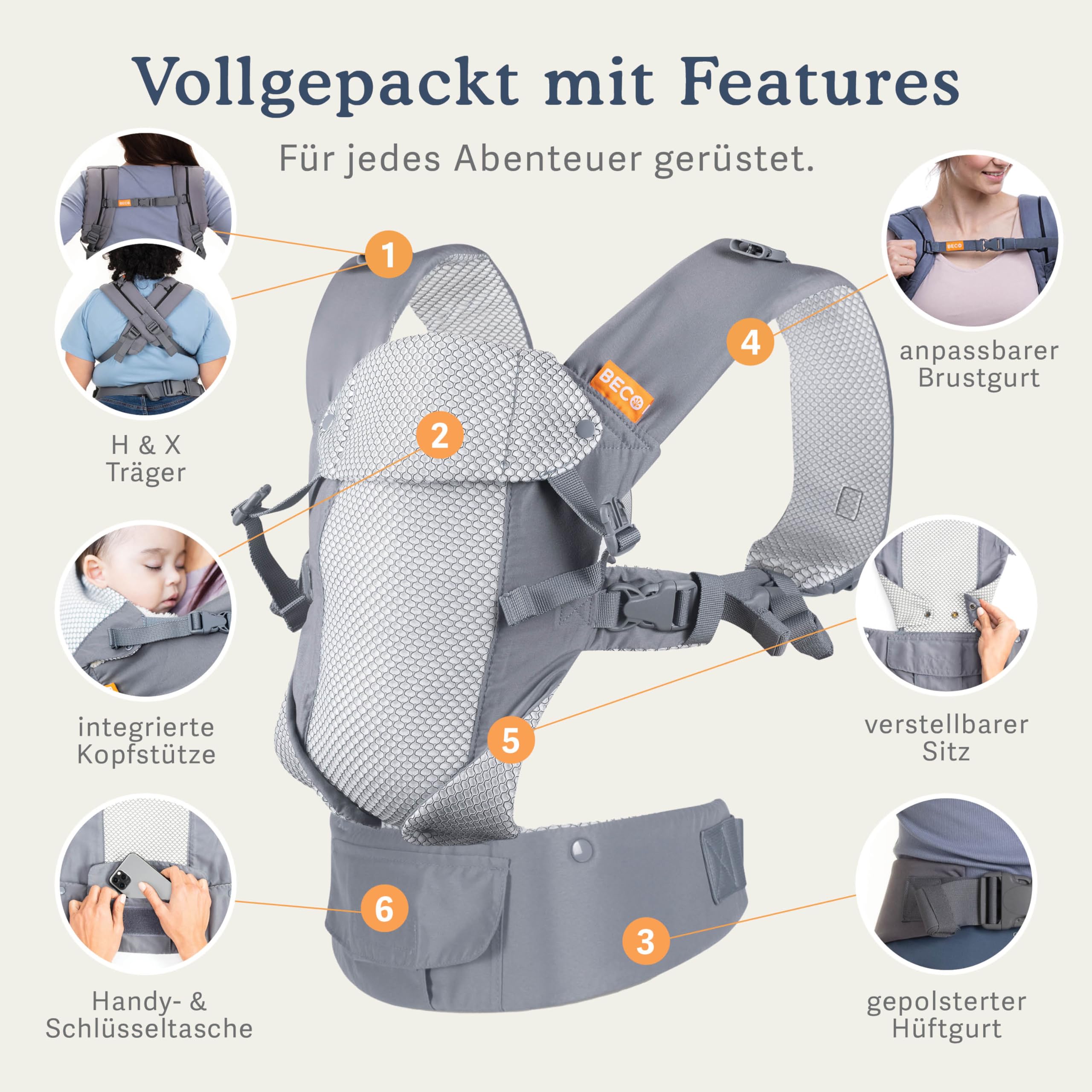 Beco Gemini Cool Mesh Babytrage ab Geburt, Cool Dunkelgrau | 4 Ergonomische Trageweisen mit Verstellbarem Sitz, zertifiziert Hüftgesund, von den ersten Wochen bis ins Kleinkindalter.