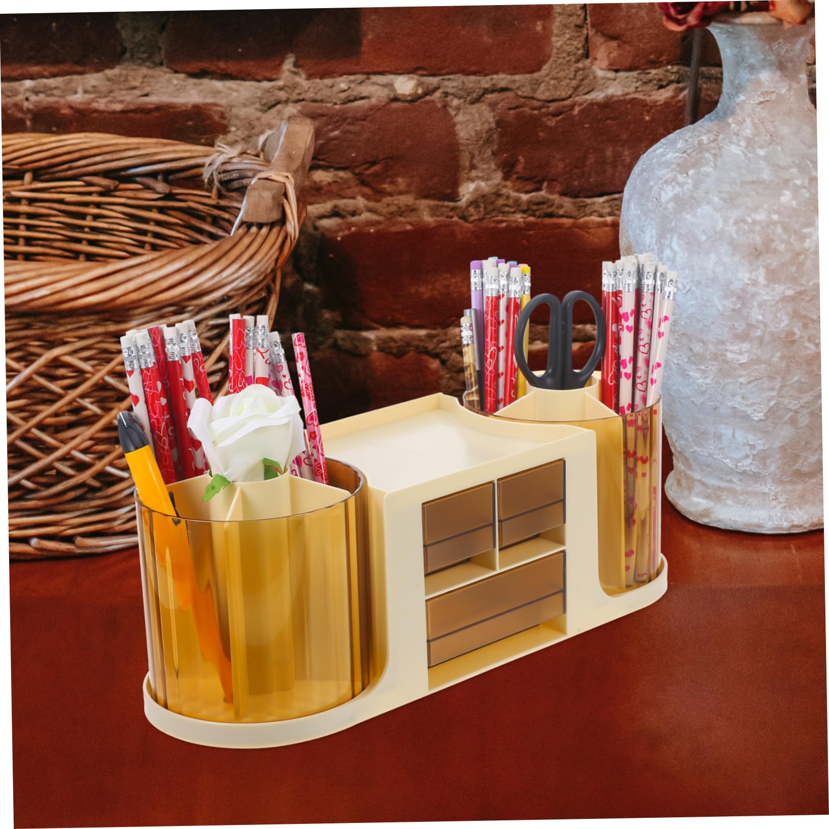 Schreibtisch Organizer aus Ps 2-fach Drehbarer Stiftehalter in Beige Praktische Ablage für Schreibtisch und Büro Einfache Montage