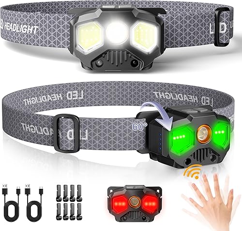 Paquete de 2 faros delanteros recargables, 1400 lúmenes, ligeros, LED, recargables con luz blanca, verde, roja, lámpara de cabeza con sensor de