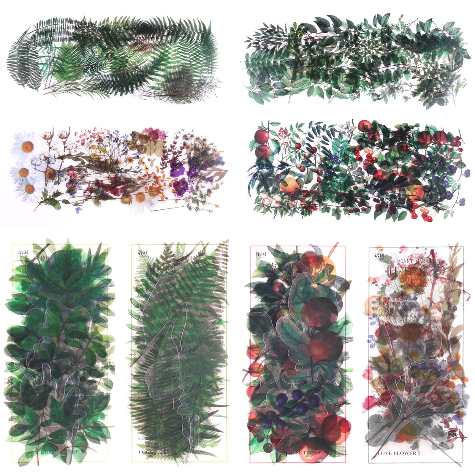 160Piezas de pegatinas de plantas, 4 paquetes de calcomanías decorativas de hojas de flores Pegatinas de PET impermeables para diarios de basura, tarjetas, álbumes de recortes, botellas de agua.