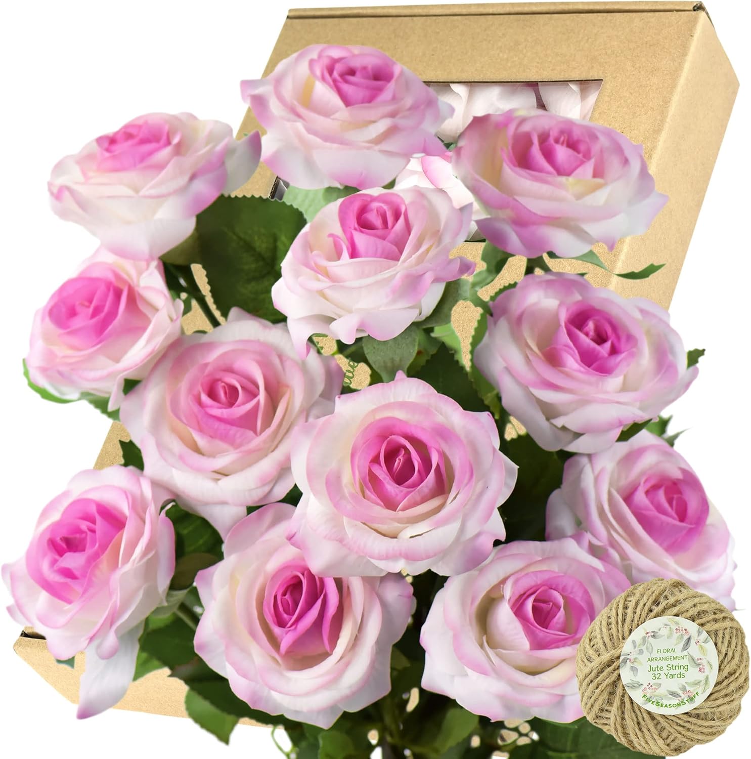 FiveSeasonStuff Fake Roses Wedding Flowers Real Touch Silk White & Purple Artificial Flowers 12 Stems
