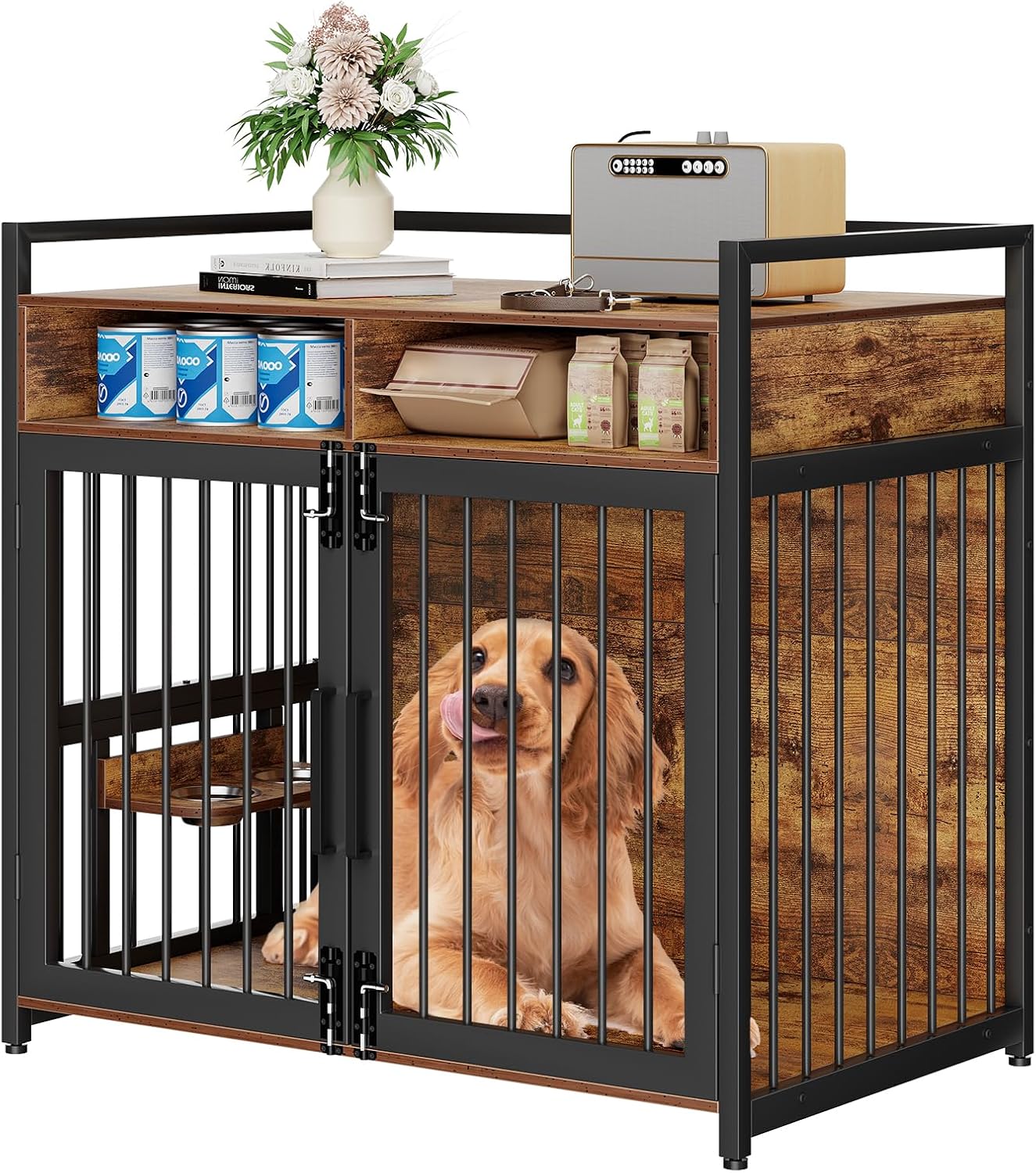 Furniture Style Dog Crate with Storage, 41 Inch Dog Crate Furniture with Double Doors, 2 Stainless Steel Bowls, Dog Crate Furniture-Style Crate for Large/Medium Dog