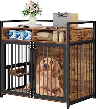 48 in Dog Crate Furniture with 360  Rotating Adjustable Raised Feeder, Heavy Duty Dog Kennel Furniture with 2 Open Shelves, Decorative Indoor Pet Cage House End Table