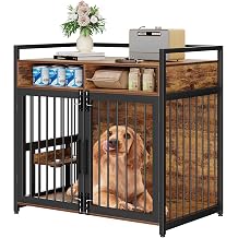 48 in Dog Crate Furniture with 360  Rotating Adjustable Raised Feeder, Heavy Duty Dog Kennel Furniture with 2 Open Shelves, Decorative Indoor Pet Cage House End Table