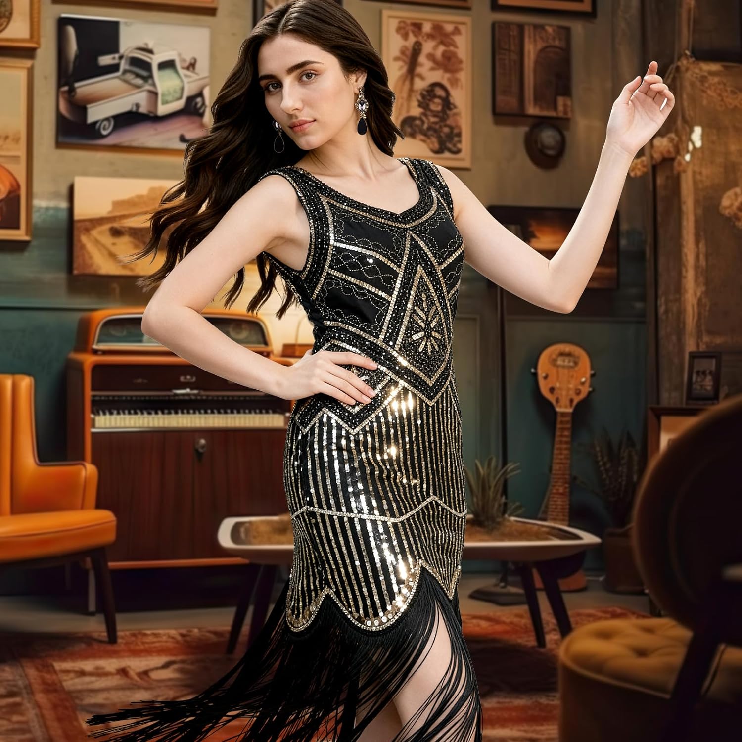 ELECLAND 1920s Flapper Dresses for Women, Fringed Sequin Great Gatsby Dress for Women Roaring 20s Costumes