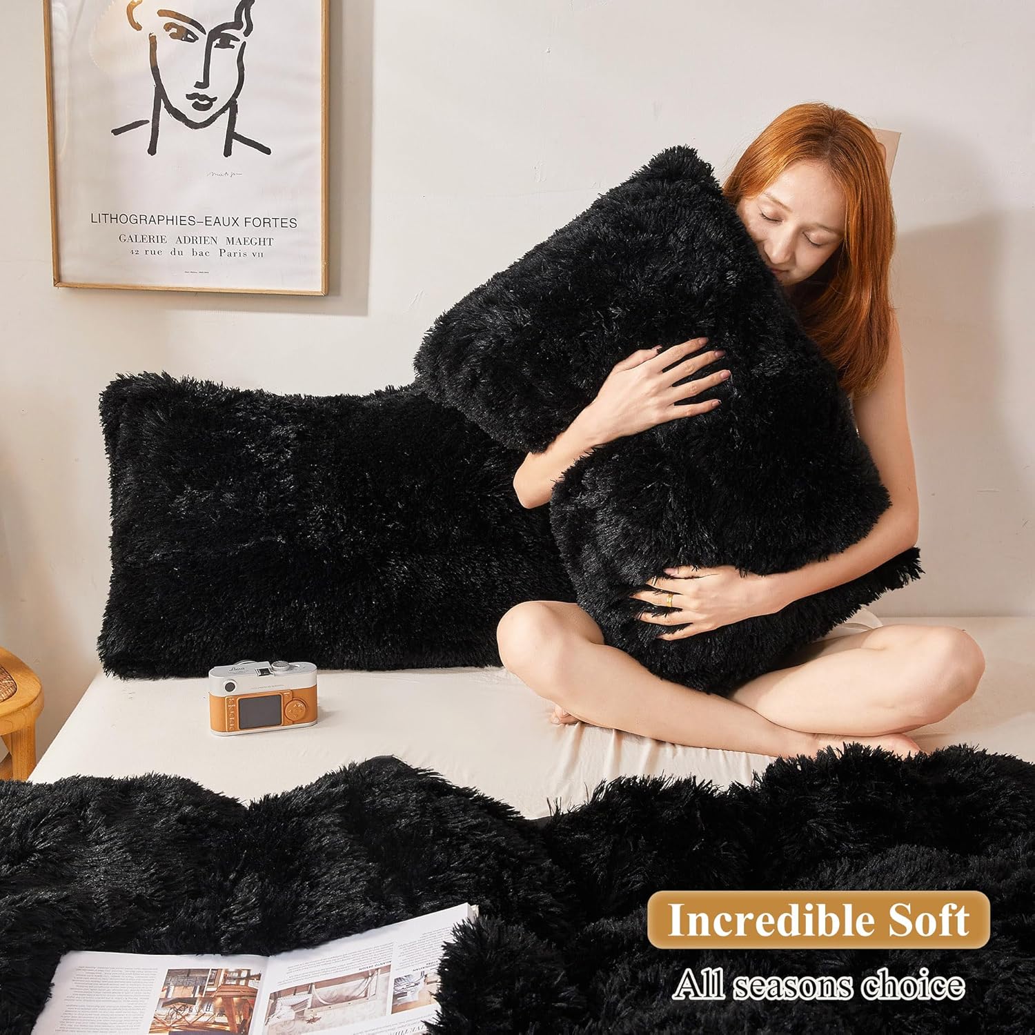 XeGe Faux Fur Throw Pillow Cases Plush Shaggy Ultra Soft Pillow Cover Fluffy Crystal Velvet Decorative Pillowcases Zipper Closure,Set of 2 (Standard, Black) - Image 5