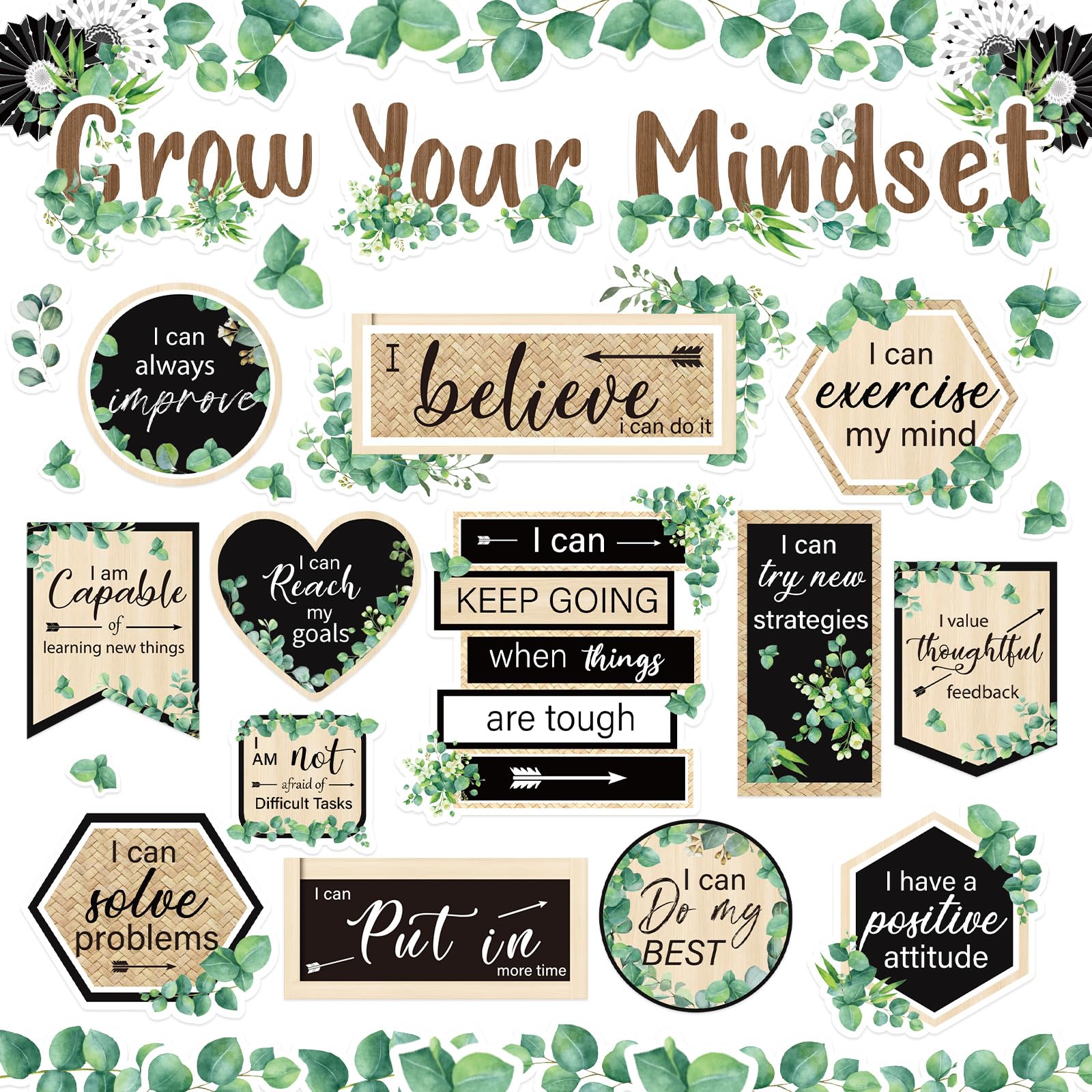 FYSUIMU Juego de 42 tableros de anuncios Grow Your Mindset, hojas de eucalipto, recortes de papel con 100 puntos de pegamento para fiestas de regreso a clases, decoración de pared
