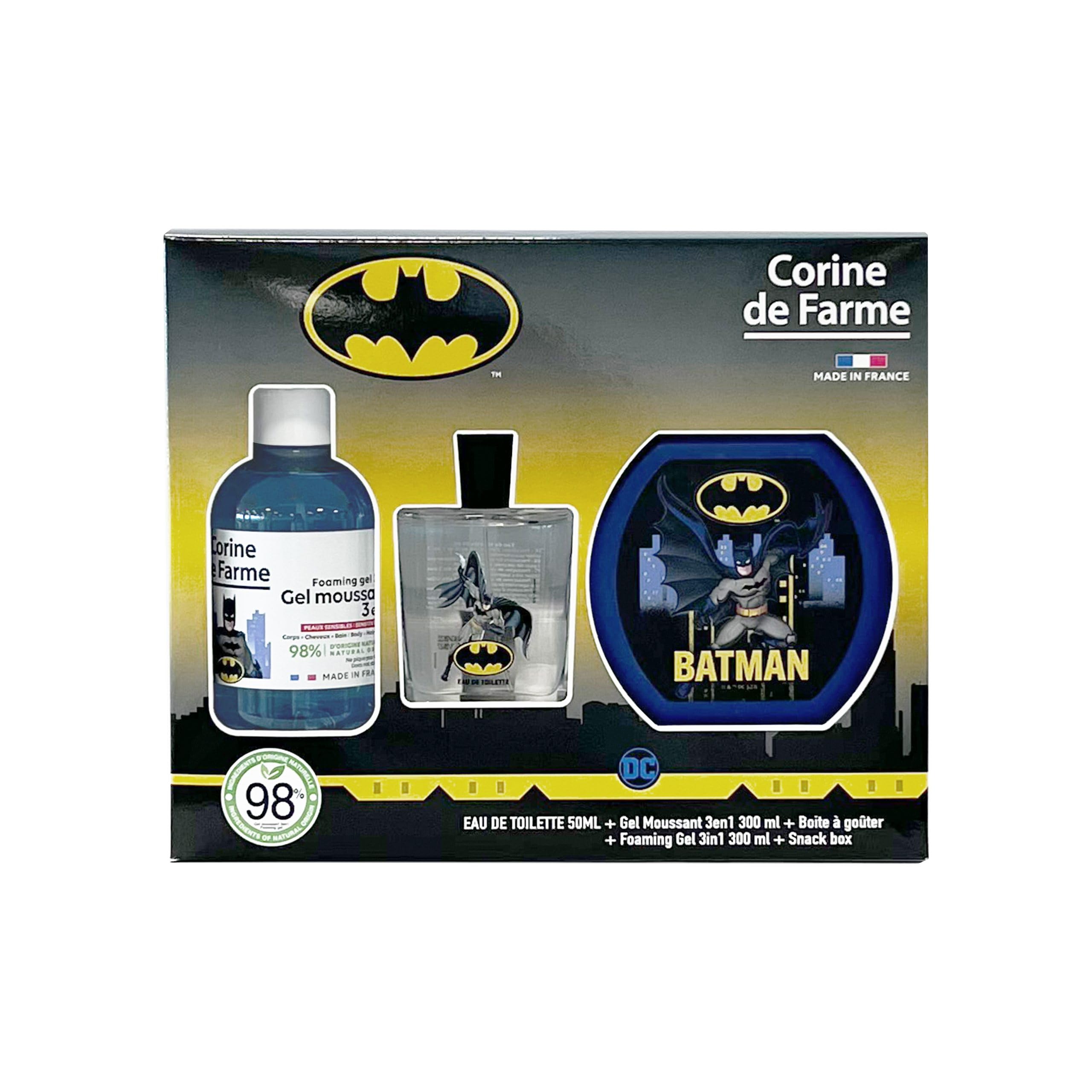 Corine de Farme - Cofanetto Batman con Eau de Toilette 50 ml, bagno schiumogeno 300 ml e scatola per gustare - Regalo per ragazzo - Profumo per bambini Profumo Muschio floreale - Gel fruttato 3 in 1