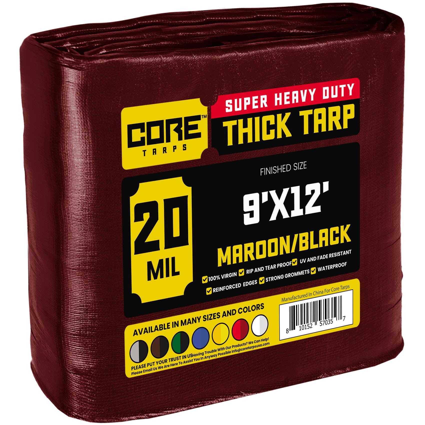 Core Tarps Extreme Heavy Duty 20 Mil Tarp Cover, Waterproof, UV Resistant, Rip and Tear Proof, Poly Tarpaulin with Reinforced Edges for Roof, Patio, Pool, Boat (Maroon/Black 9′ X 12′)