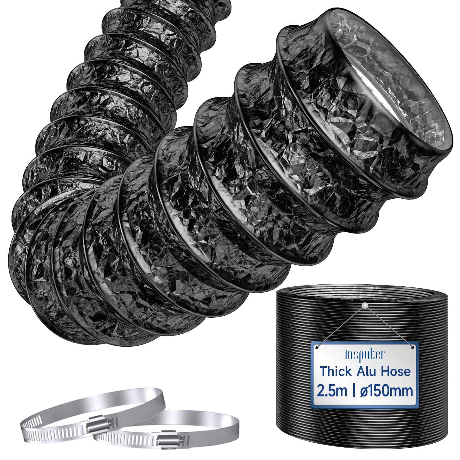 Insputer 150 mm Ducting Thickened Alu Metal Vent Hose 2.5 m Long, 6 Inch Flexible Ducting with 2 Duct Clamps, Heavy-Duty Alu Hose for Cooker Hood, Tumble Dryer, Duct Fan, Portable AC