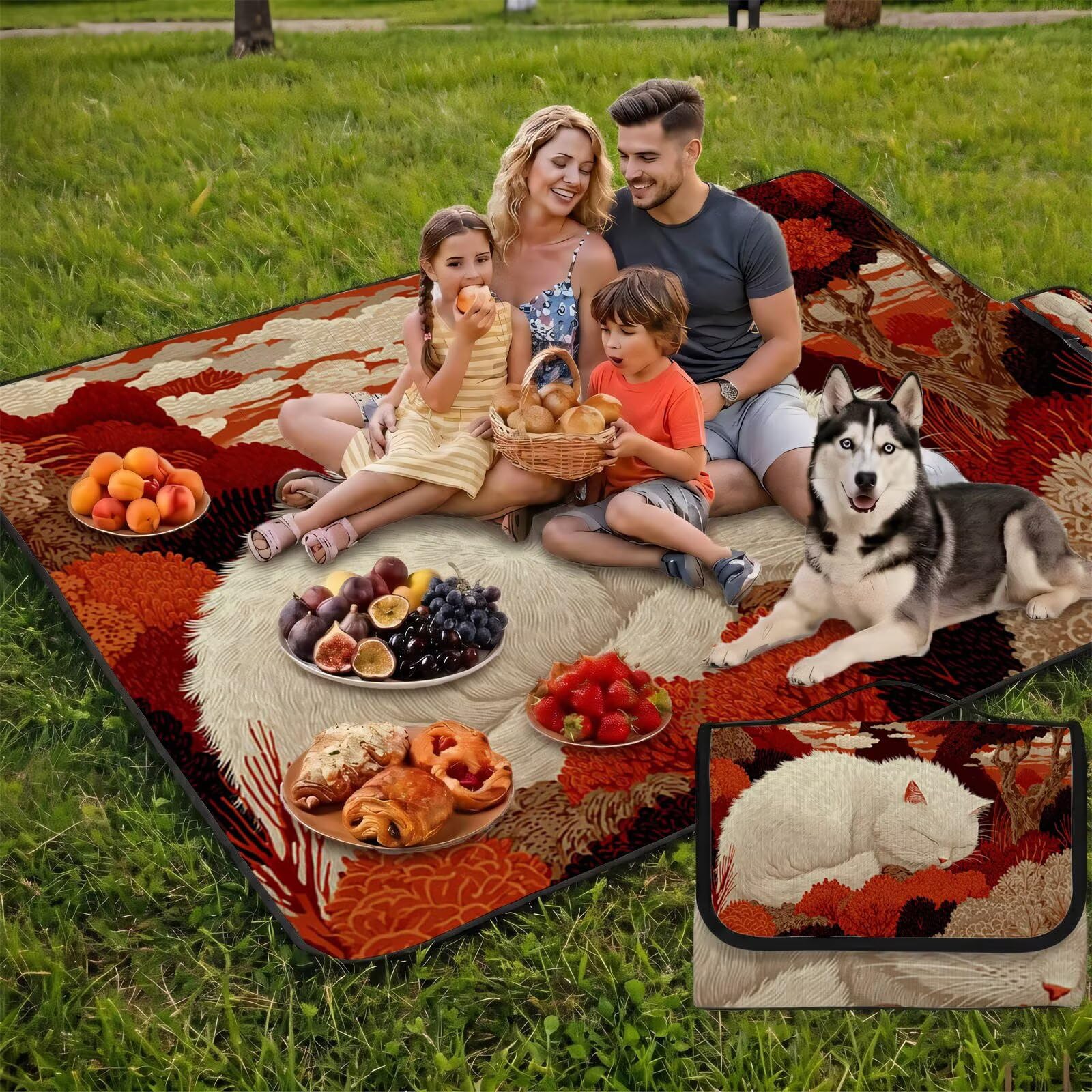Grande Coperta de Picnic 200x300 cm, Gatto Manta Picnic Impermeable Anti-Sabbia Manta de Playa Pieghevole, Outdoor Picnic Blanket per Spiaggia, Camping, Giardino, Trekking - Autunno FZ-17