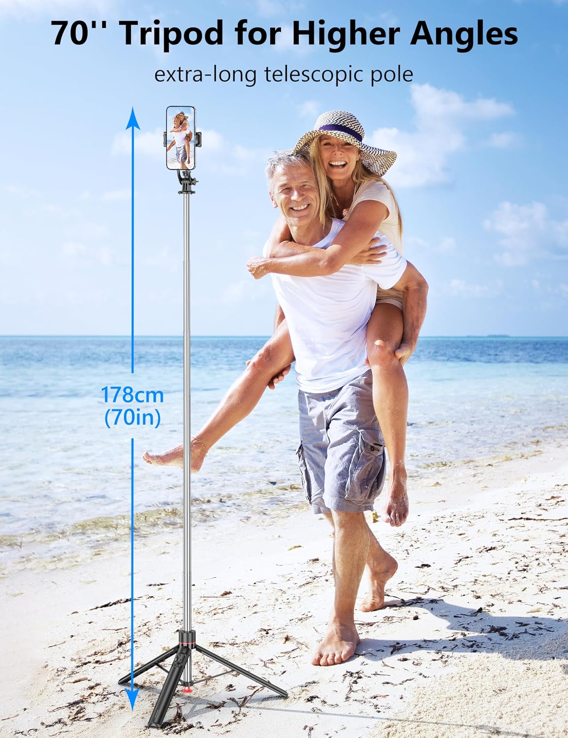 70" Extendable Selfie Stick Tripod, Automatic Phone Tripod with Magnetic Remote & 1/4" Screw, Lightweight Travel Tripod Stand for iPhone/Android & Camera, Vlog Video Recording