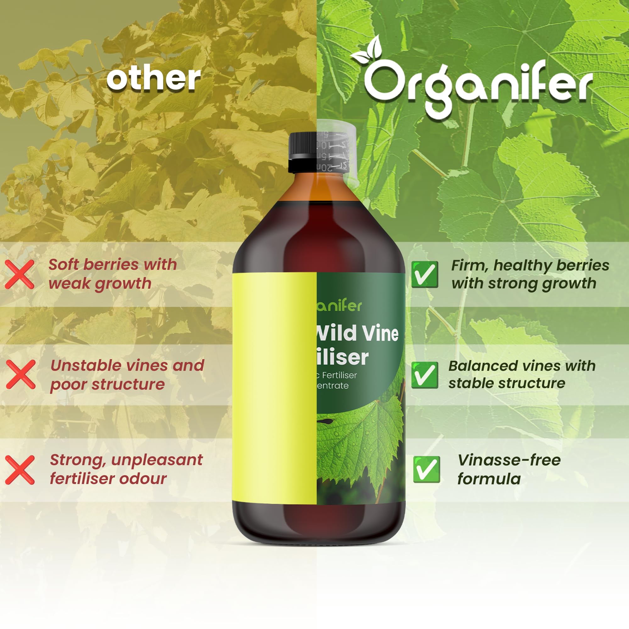 Fertilizante Líquido Para Vid - 4x1L - NPK 2-1-8 | Abono Para Hojas Saludables Y Crecimiento Fuerte - Refuerza Raíces Y Vitalidad - Organifer