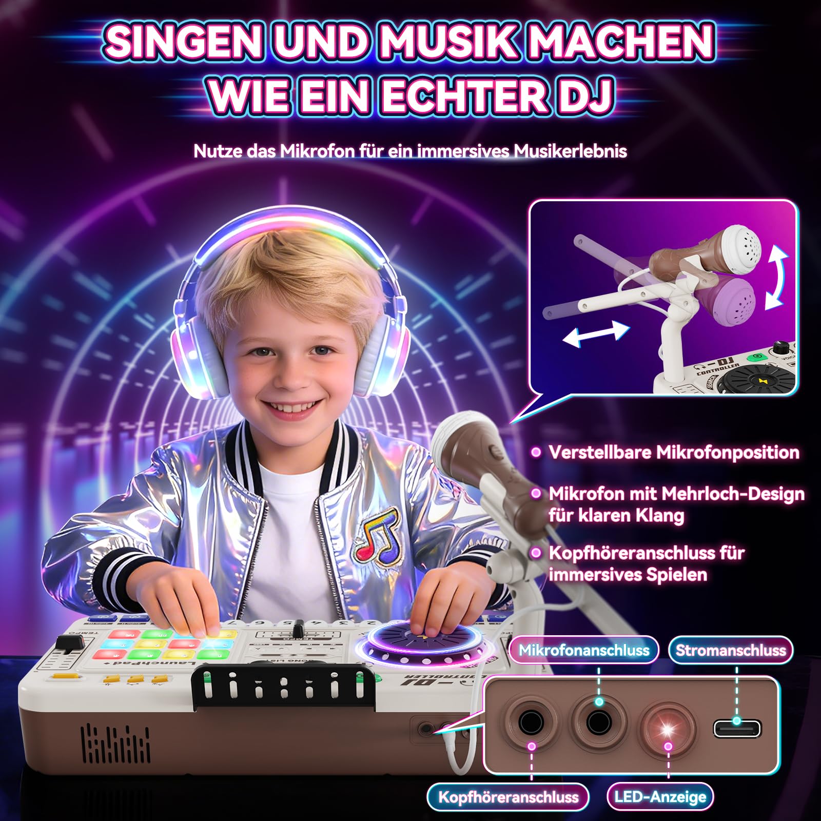 DJ Pult Kinder, DJ Controller, DJ Mischpult Kinder, DJ Mixer mit Aufnahmefunktion, Mikrofon, 100+ Soundeffekten, realistisches DJ Turntable & Drum Pads, Geschenk für Jungen Mädchen 3-12 Jahre, Weiß