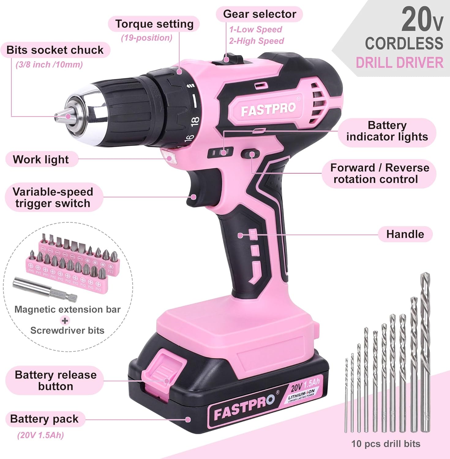 FASTPRO 20V Pink Drill Set, 3/8 in. Cordless Drill Driver Kit with 1.5 Ah Lithium-ion Battery, Charger and Tool Bag