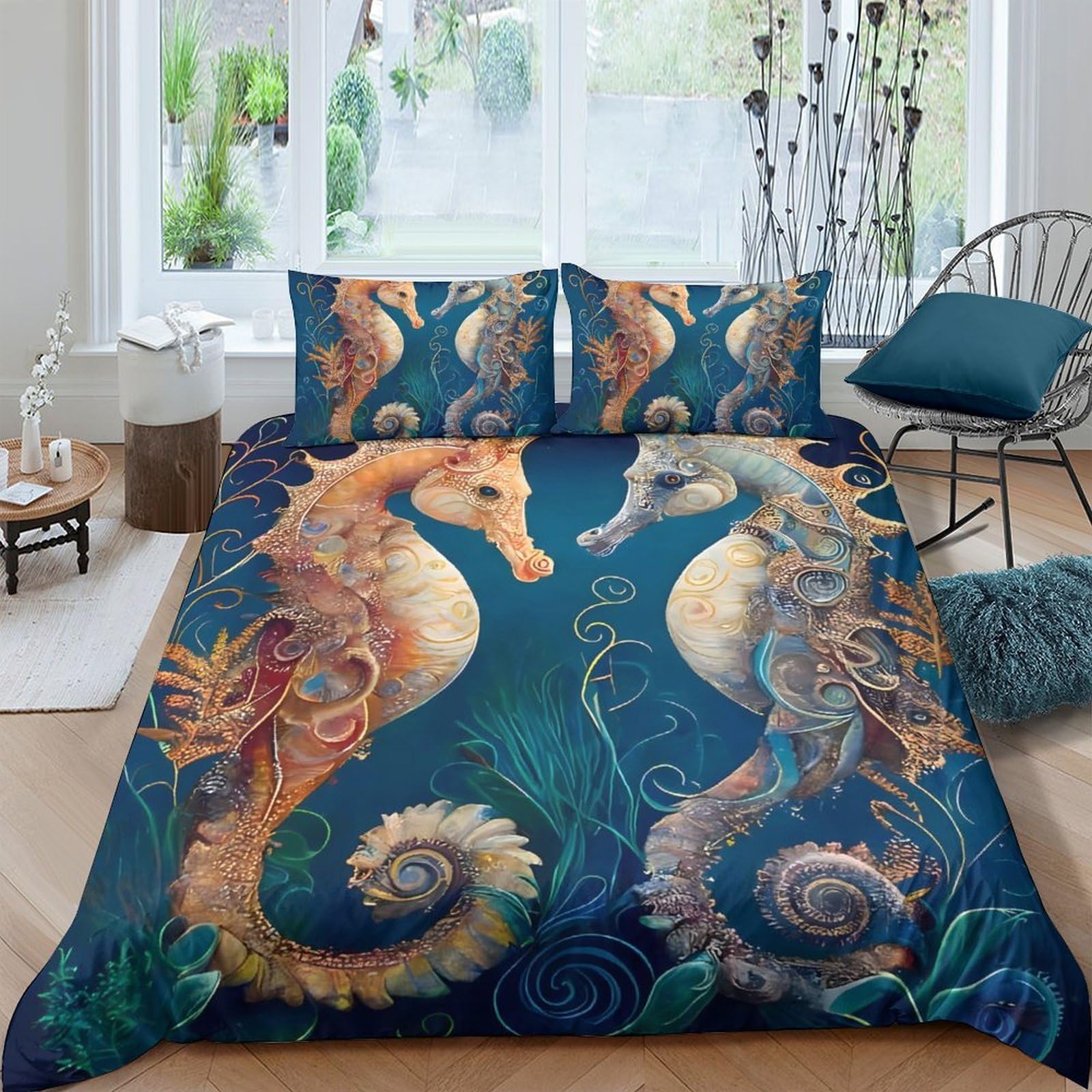 Ctjqhvkz Style-4 3D Printed Seahorse Ocean Fitted Sheet Microfiber Soft Blue Coral Reef Mattress Cover For Bedroom Guest Room Decor Single（135X200cm）