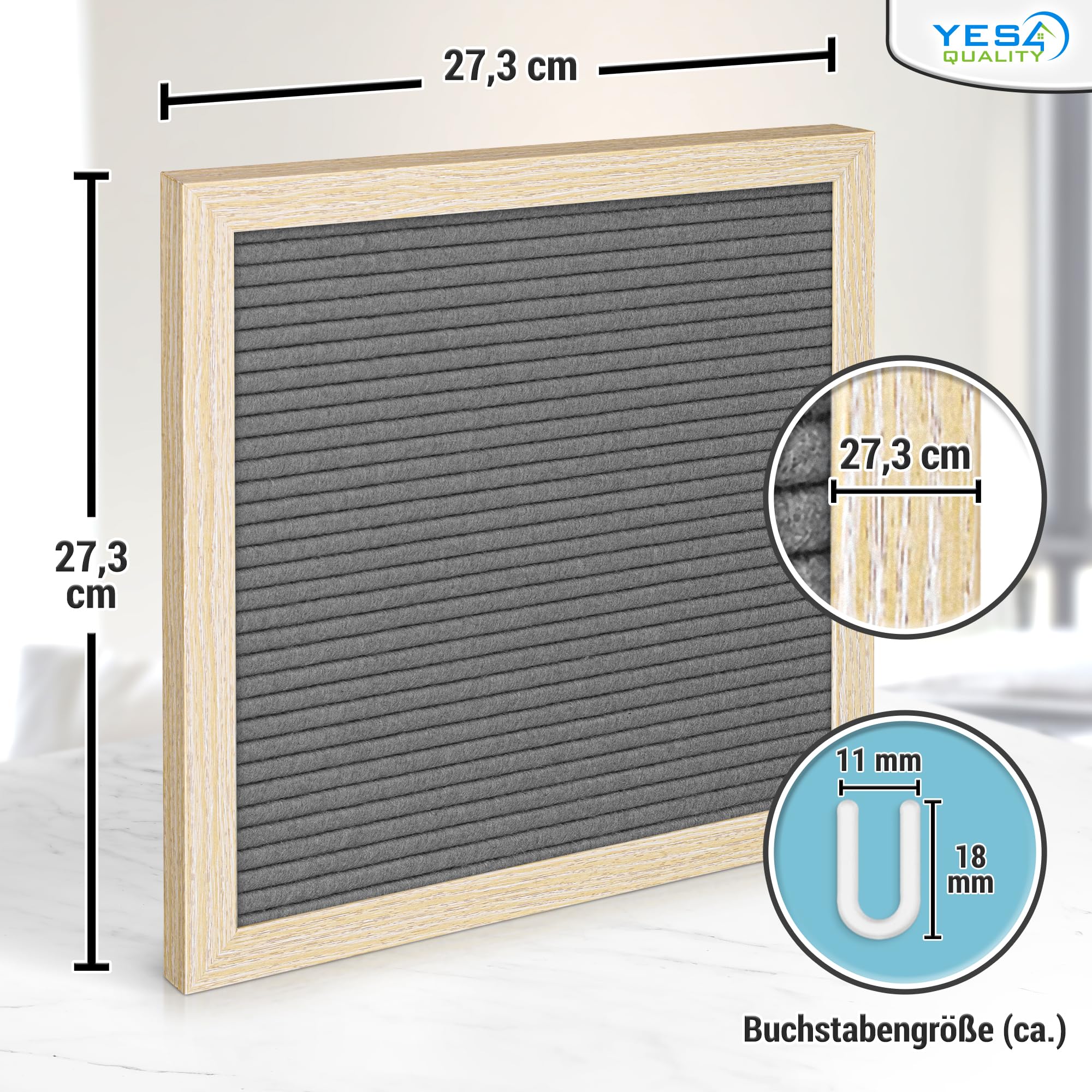 Filcowa tablica na listy - 25 x 25 cm, szara - 170 liter, cyfr i emotikonów na uroczystości i ogłoszenia - konfigurowalna tablica listowa z drewnianą ramą do domu - od Yes4Quality