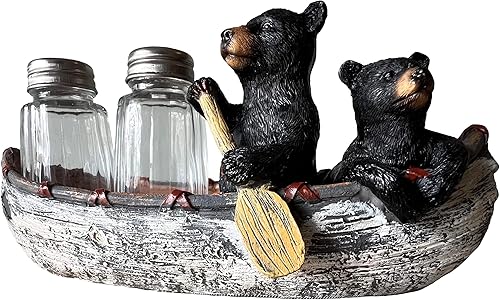 Black Bear & Cub - Juego de sal y pimienta para canoa, decoración rústica para cabaña disponible en Yaxa Peru