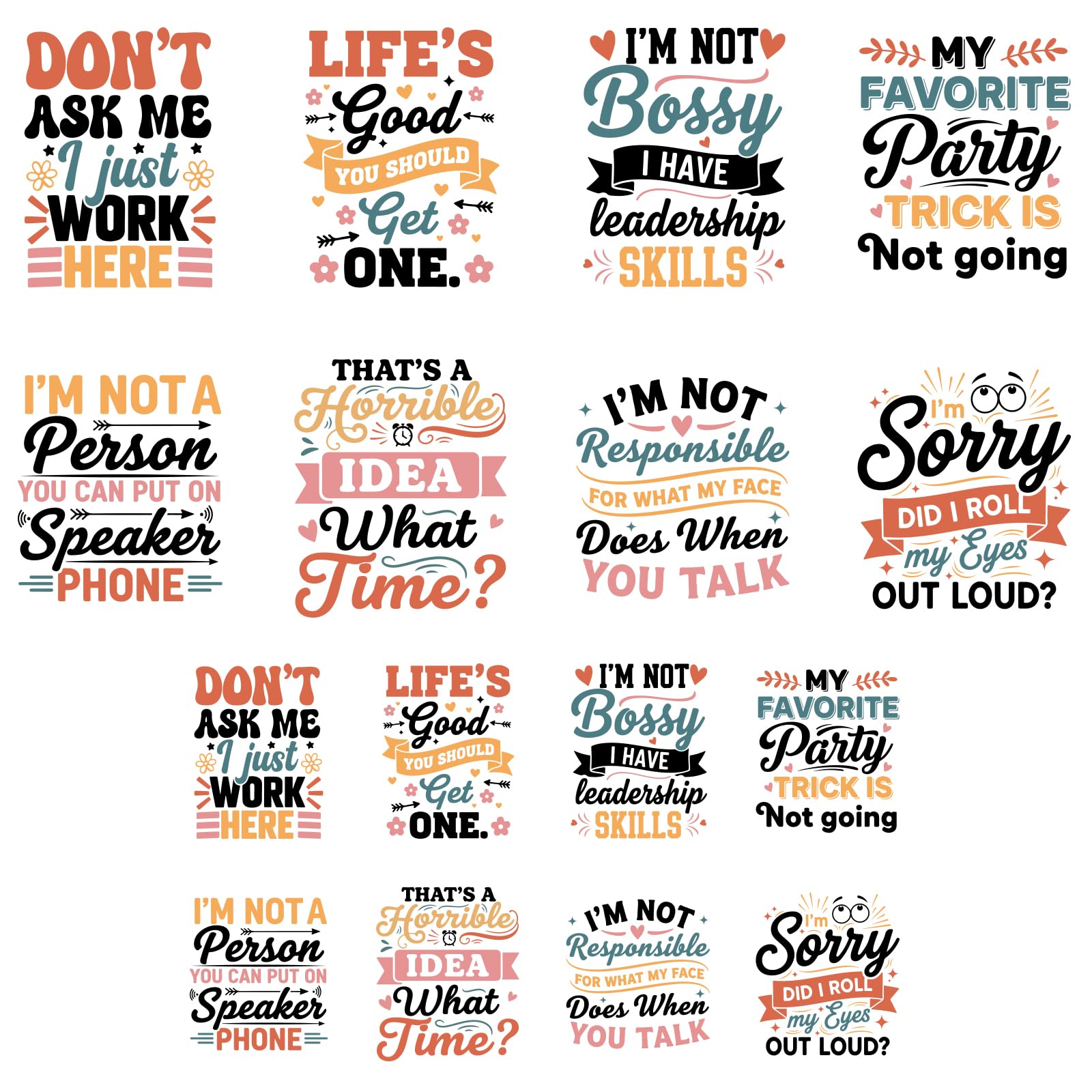 ANATTASOUL 16 Sheets Iron on Transfers for T-Shirts Self-Deprecating Captions DTF Transfers Ready to Press, Washable Vinyl Heat Press Iron on Patches for Women Clothing Hat Bag Pillow DIY Crafts Gifts