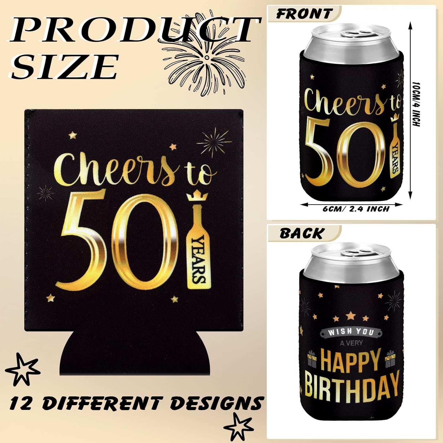 Umigy 48 Pcs 50th Birthday Party Favors Cheer to 50 Years Can Sleeve 50 Years Old Birthday Decorations Black and Gold over the Hill 50th Party Supplies for Men Women Guests