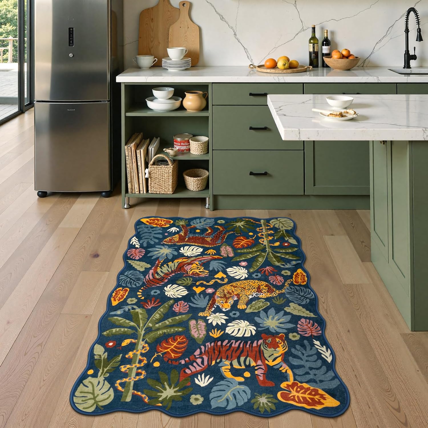 LEEVAN 3x5 Bedroom Rug Washable Tiger Kitchen Rugs Non Slip Blue Entryway Mat Scalloped Office Floor Pad Leopard Living Room Rug Low Pile Playroom Carpet Jungle Kids Mat
