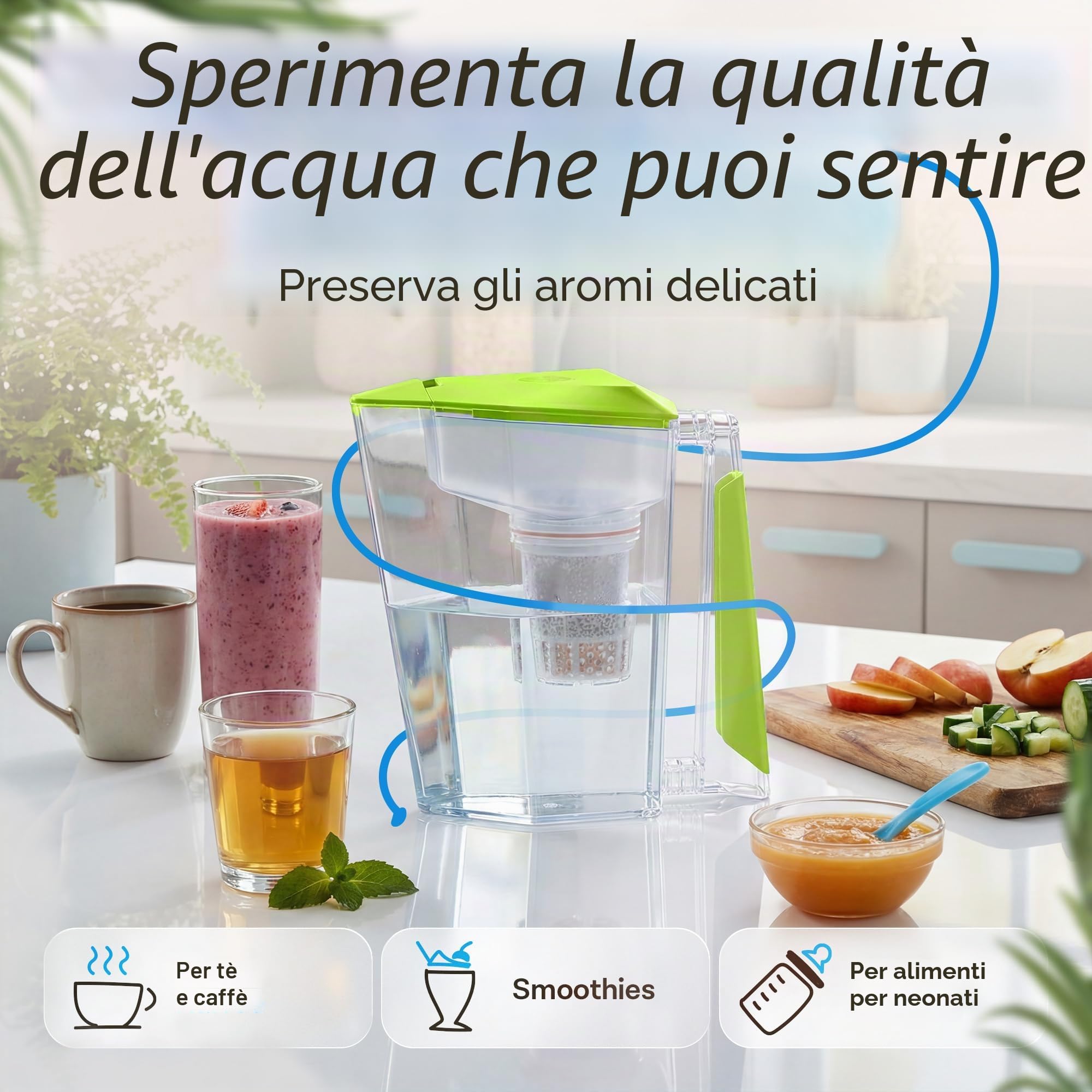 MAUNAWAI Filtro d'Acqua Premium Bio Prodotto in Germania con 1 caraffa per Acqua Potabile + 1 Cartuccia filtrante e 1pad filtrante (per 3 Mesi) - Verde, Filtro d'Acqua Potabile + caraffa filtrante