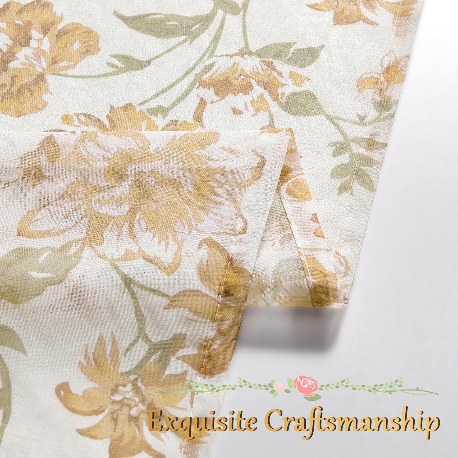 Tan Beige Floral Curtains 72 Inches Long 2 Panels for Bedroom Rod Pocket Light Filtering Ochre Flower Sheer Curtains Country Patterned Golden Earth Window Drapes for Living Room Cottage-core, 52x72