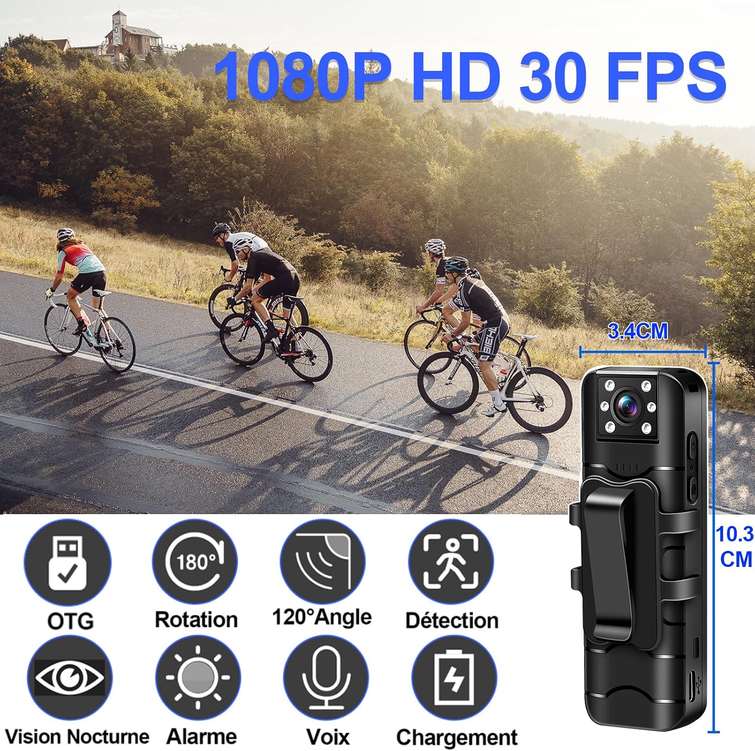 SecuraLen Body Camera dimensions and key features: OTG, 180° Rotation, 120° Angle, Detection, Night Vision, Alarm, Voice, Charging.