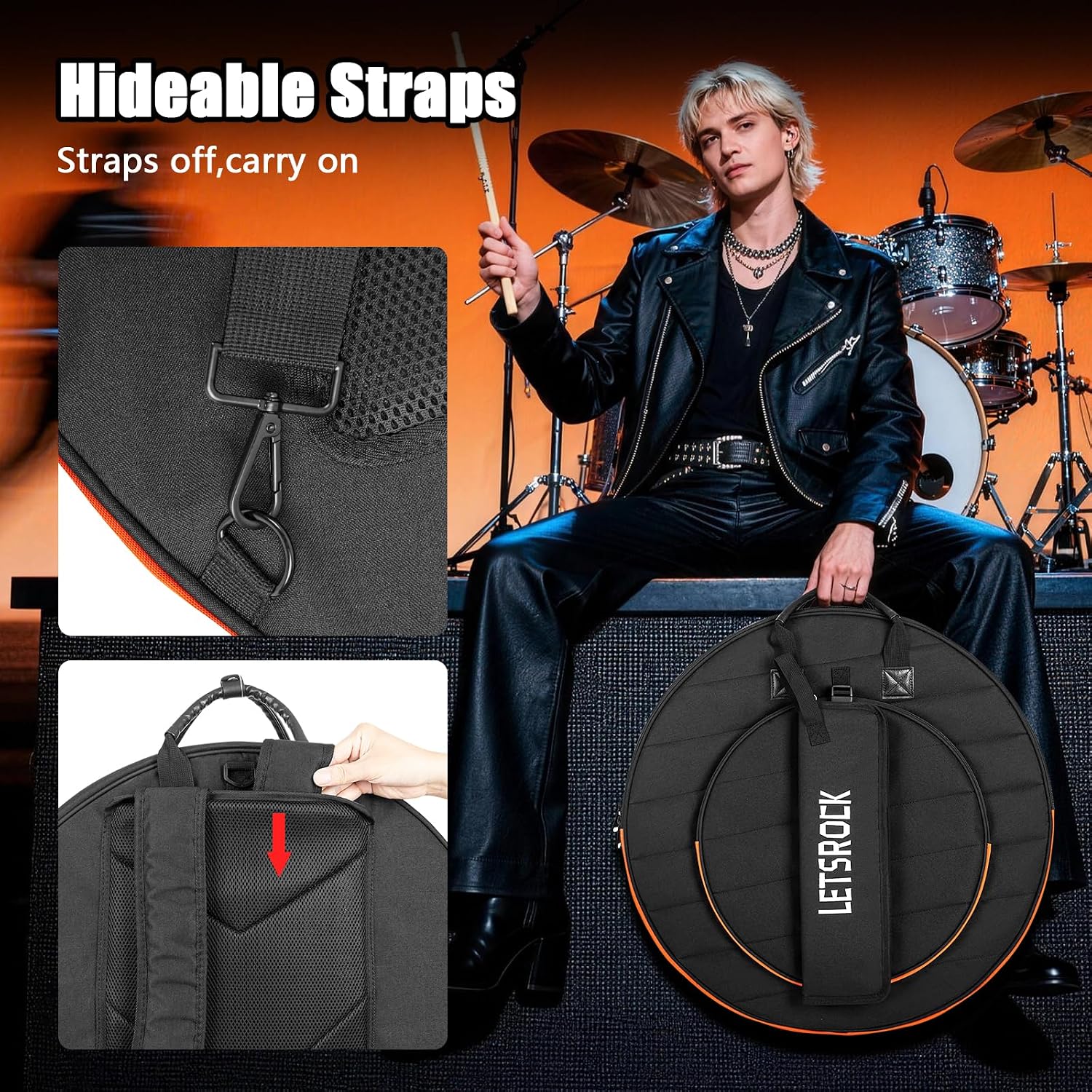 LETSROCK Cymbal Bag with Drumstick Bag,Cymbal Backpack Holds 6 Drum Sticks, Fits 24" Ride, Hideable Straps & Waterproof Case