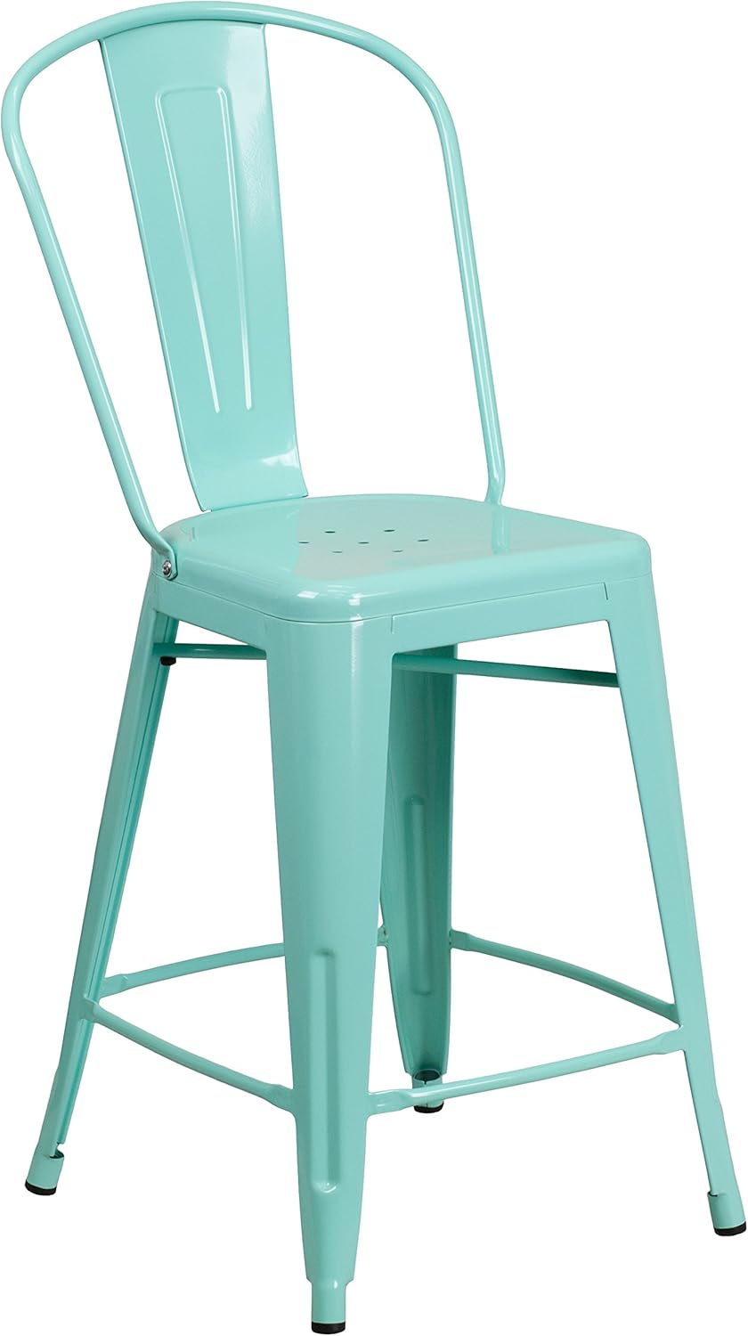 Merrick Lane Stella 24" Indoor-Outdoor Counter Stool - Metal Stool with Mint Green Finish - Vertical Slat Back - Integrated Footrest