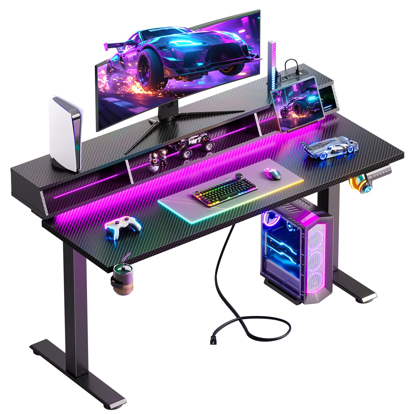 OffiGo Gaming Standing Desk with LED Light 55 Inch Electric Height Adjustable Table with Power Outlet Monitor Stand